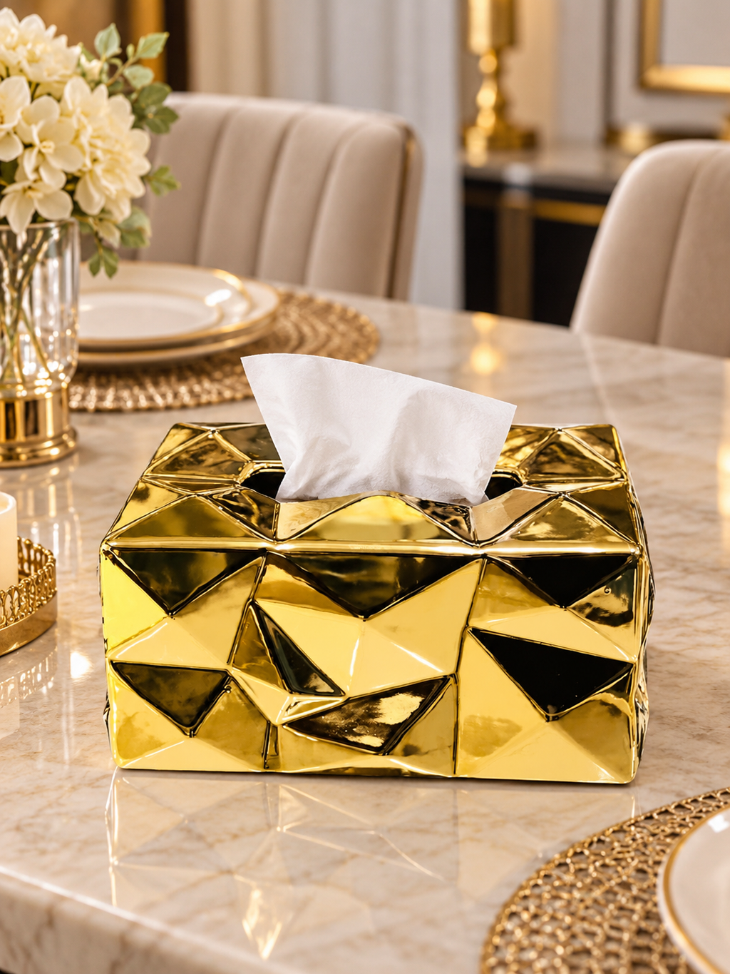 Luxury Gold Geometric Ceramic Tissue Box Cover – Modern Decorative Tissue Holder
