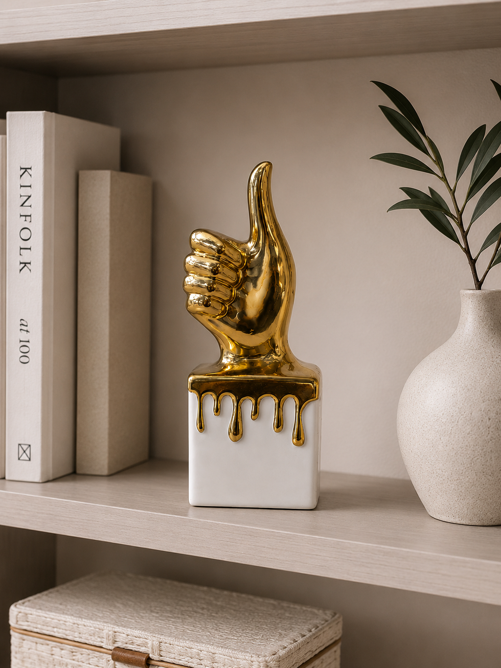 Luxury Thumbs Up Hand Sculpture – Modern Resin Tabletop Decorative Accent (Gold & White)