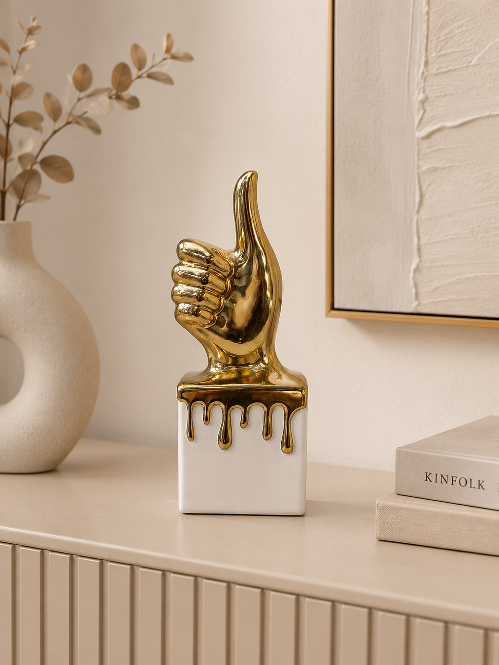 Luxury Thumbs Up Hand Sculpture – Modern Resin Tabletop Decorative Accent (Gold & White)