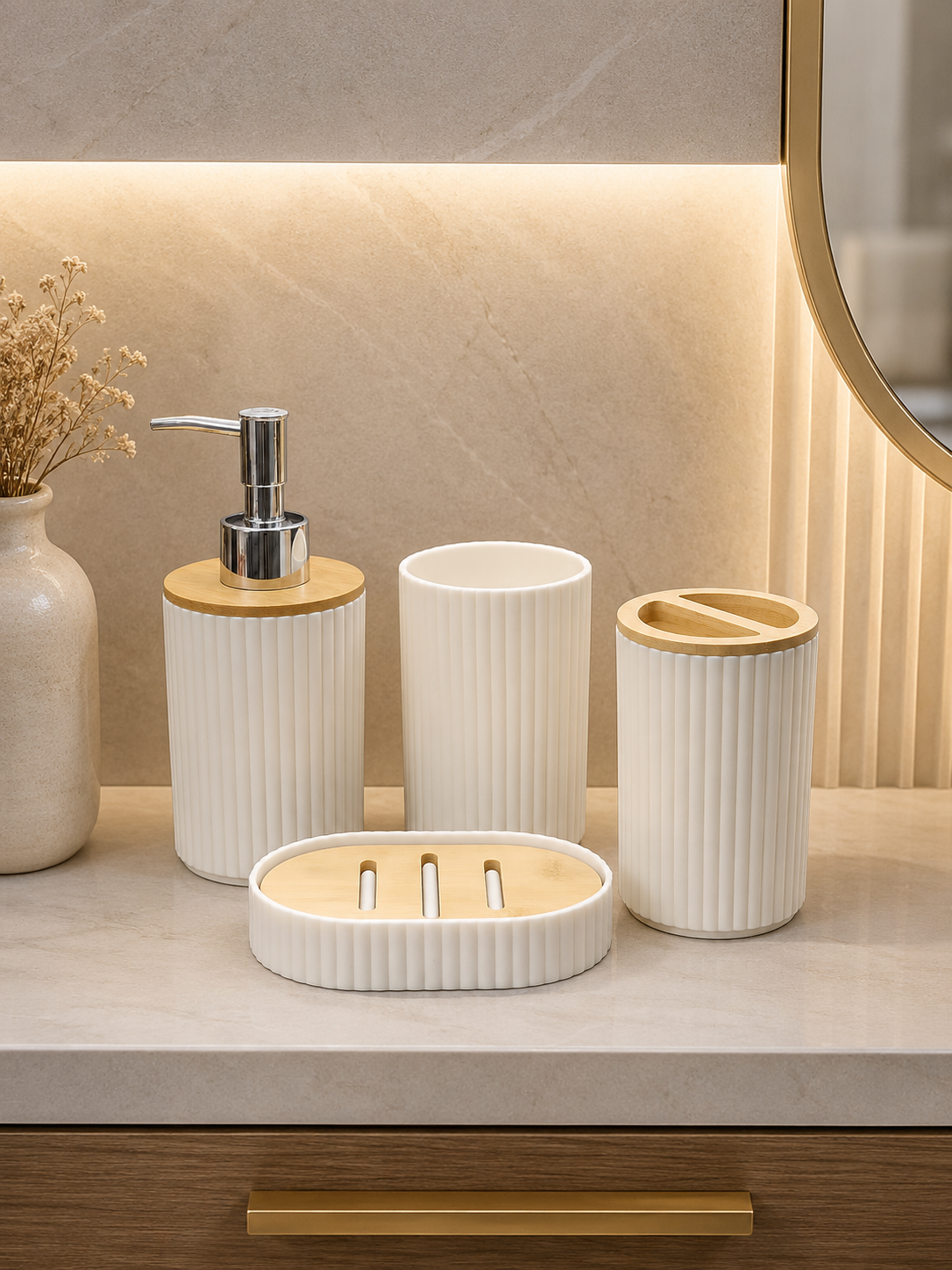Luxury 4-Piece Bathroom Accessories Set | Soap Dispenser, Toothbrush Holder, Tumbler & Soap Dish