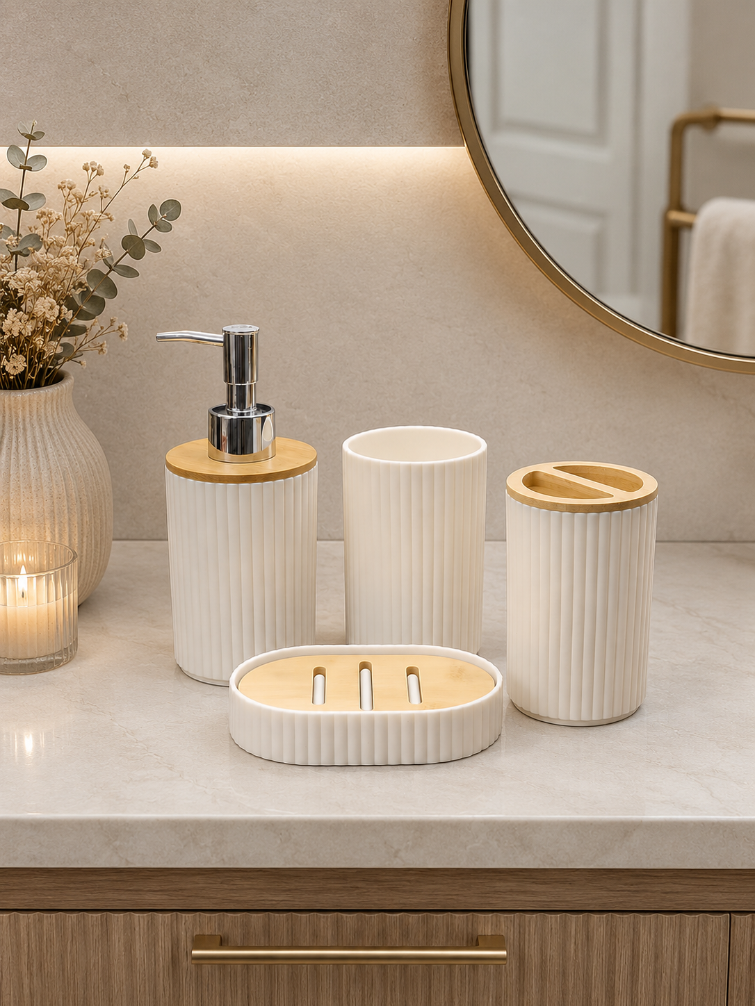Luxury 4-Piece Bathroom Accessories Set | Soap Dispenser, Toothbrush Holder, Tumbler & Soap Dish
