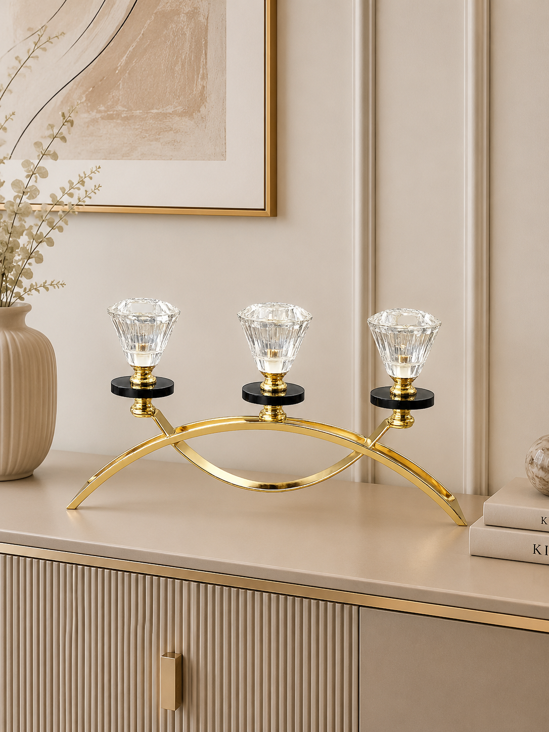 Luxury Gold 3-Light Crystal Candle Holder | Modern Table Centerpiece