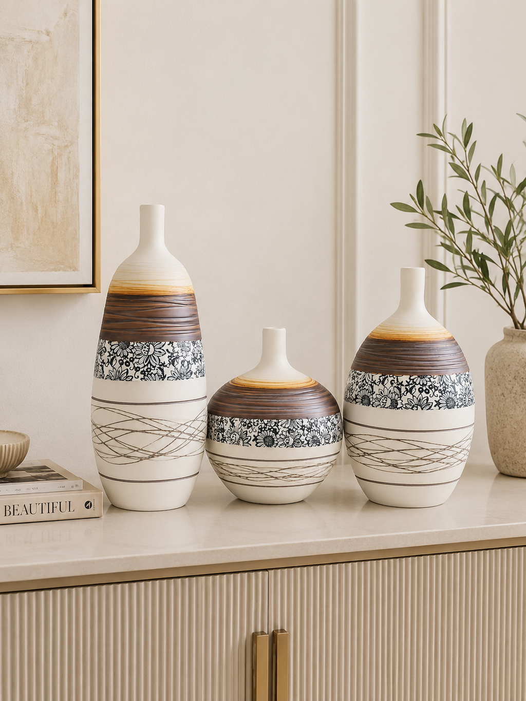 Modern Ceramic Decorative Vase Set of 3 | Luxury Tabletop Home Décor