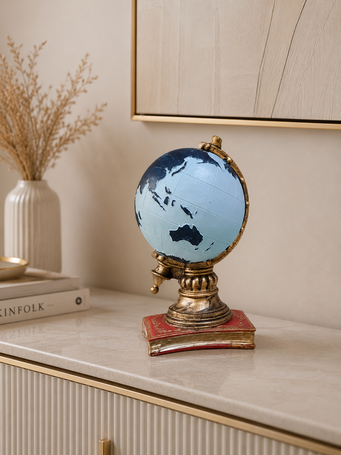 Vintage World Globe Decor on Book Base | Luxury Resin Tabletop Globe Ornament
