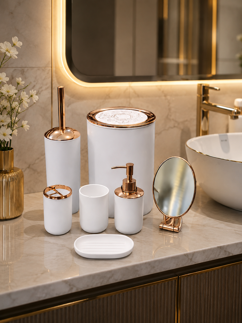 7-Piece Luxury Bathroom Accessories Set | White & Rose Gold Bathroom Organizer | Modern Countertop Bath Set