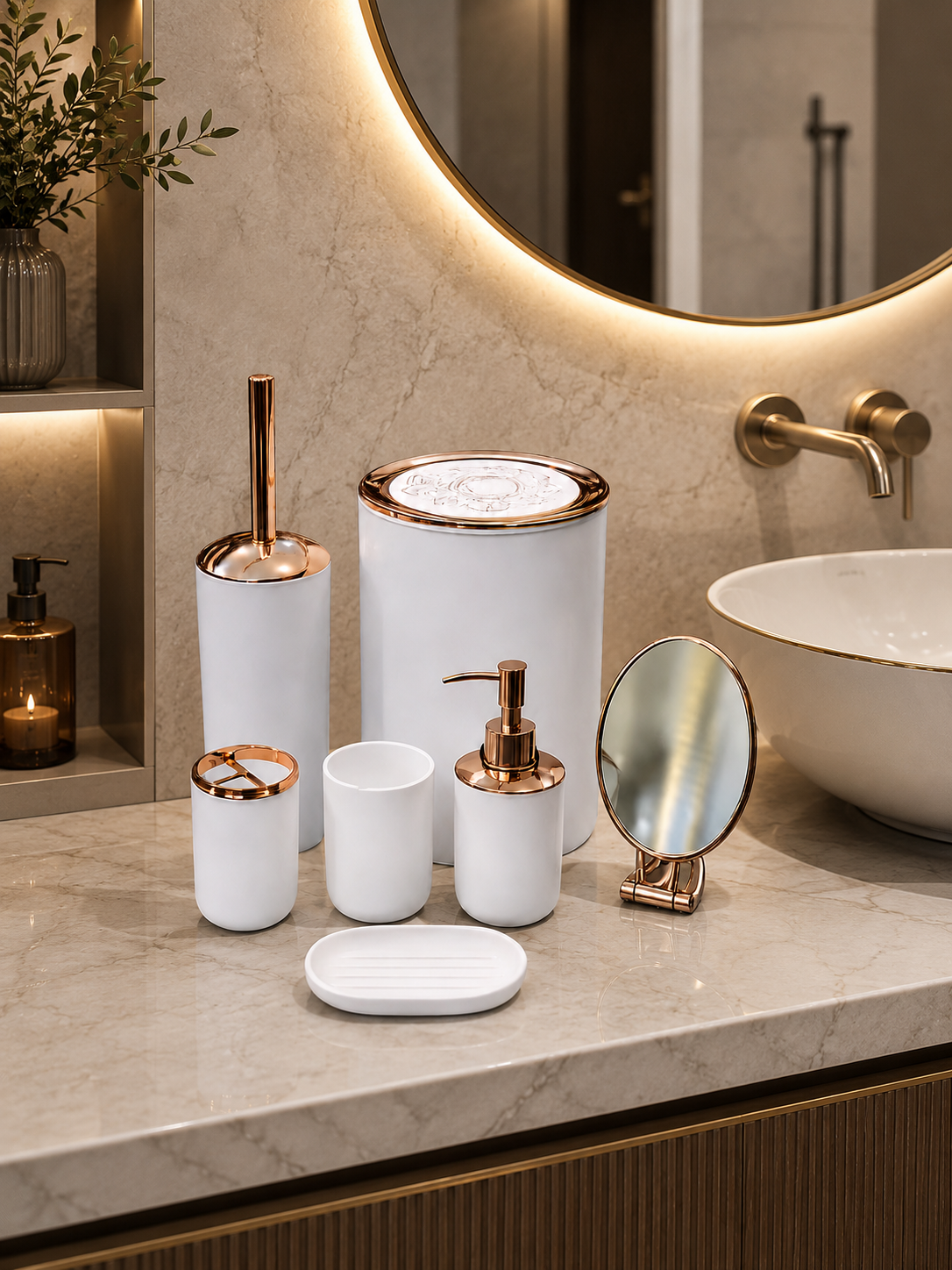 7-Piece Luxury Bathroom Accessories Set | White & Rose Gold Bathroom Organizer | Modern Countertop Bath Set