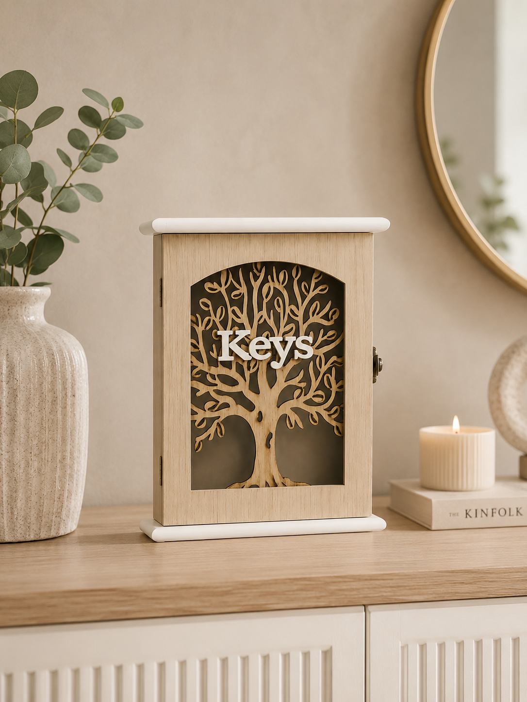 Wooden Wall-Mounted Key Holder Cabinet | Tree Design Decorative Key Box | Home Entryway Organizer