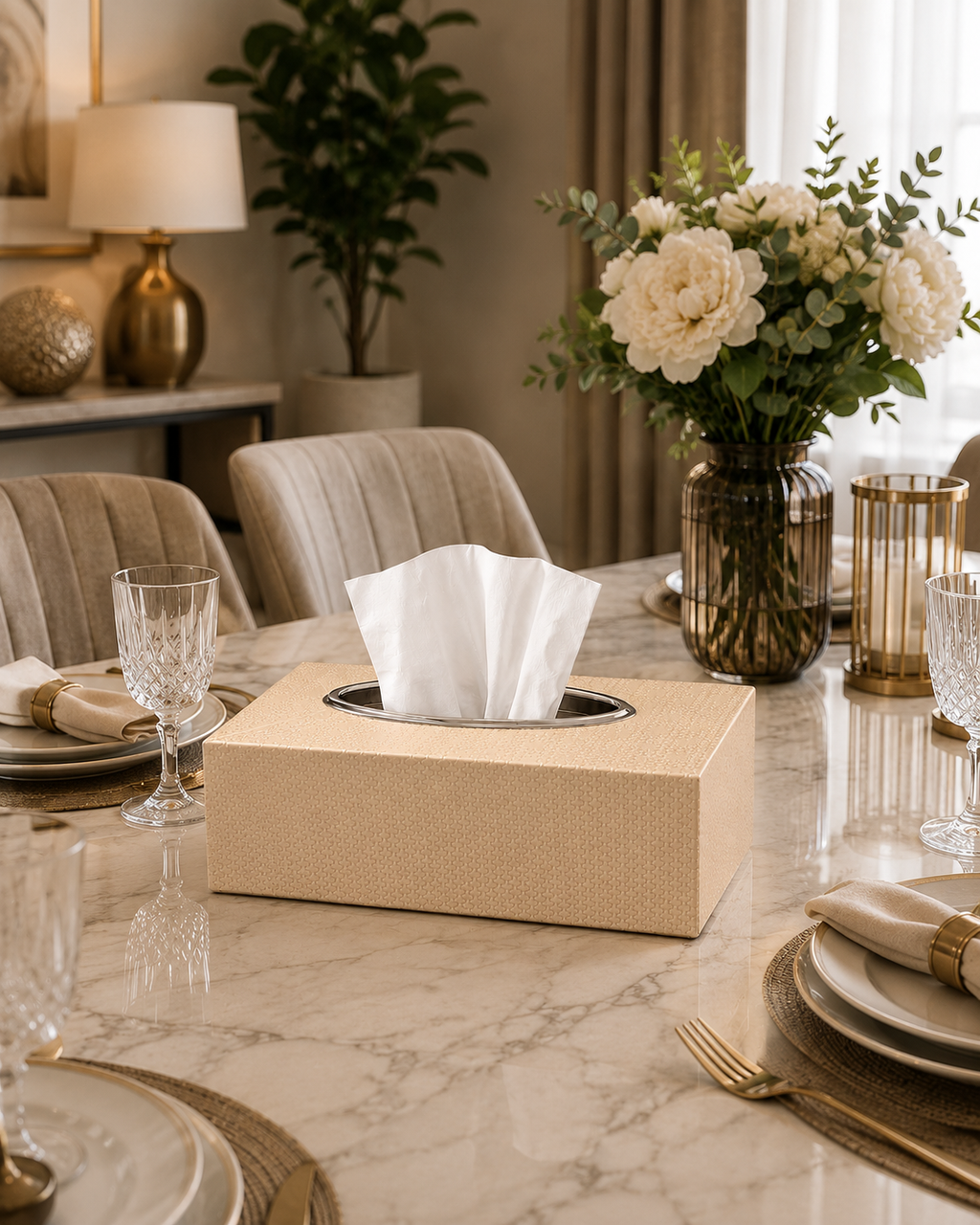 Luxury Textured Tissue Box Holder with Stainless Steel Rim | Modern Tabletop Tissue Box Cover | Home & Office Decor