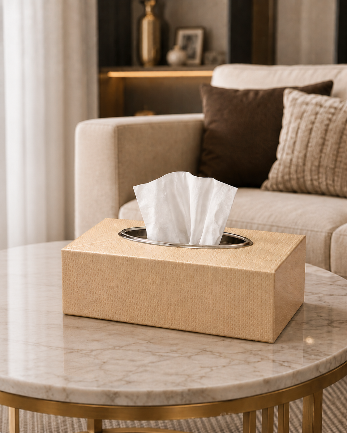 Luxury Textured Tissue Box Holder with Stainless Steel Rim | Modern Tabletop Tissue Box Cover | Home & Office Decor