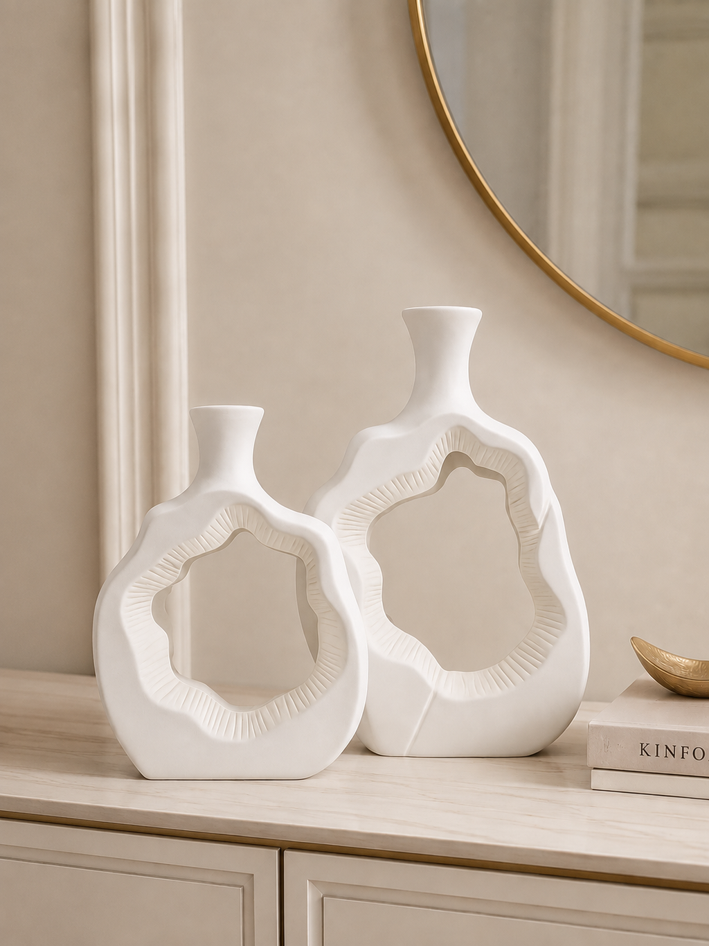 Abstract Hollow Ceramic Vase Set of 2 | Modern Decorative White Vases | Luxury Home Décor