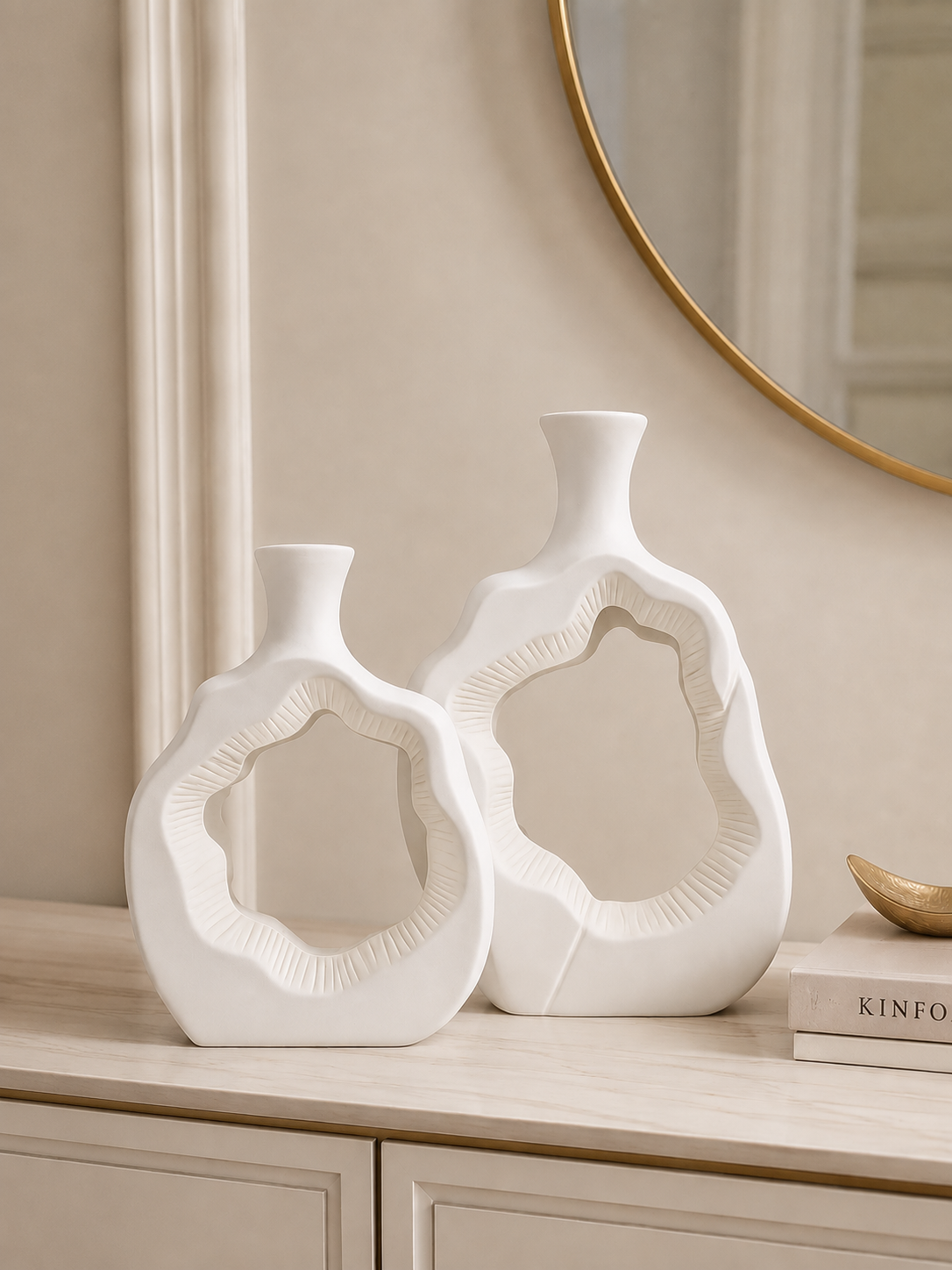 Abstract Hollow Ceramic Vase Set of 2 | Modern Decorative White Vases | Luxury Home Décor
