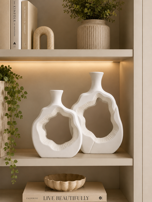 Abstract Hollow Ceramic Vase Set of 2 | Modern Decorative White Vases | Luxury Home Décor
