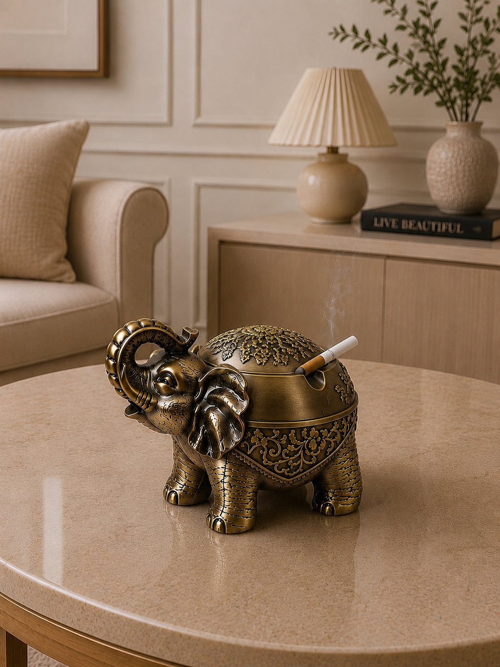 Luxury Elephant Metal Ashtray with Lid | Windproof Decorative Cigarette Ashtray | Premium Home & Office Table Décor