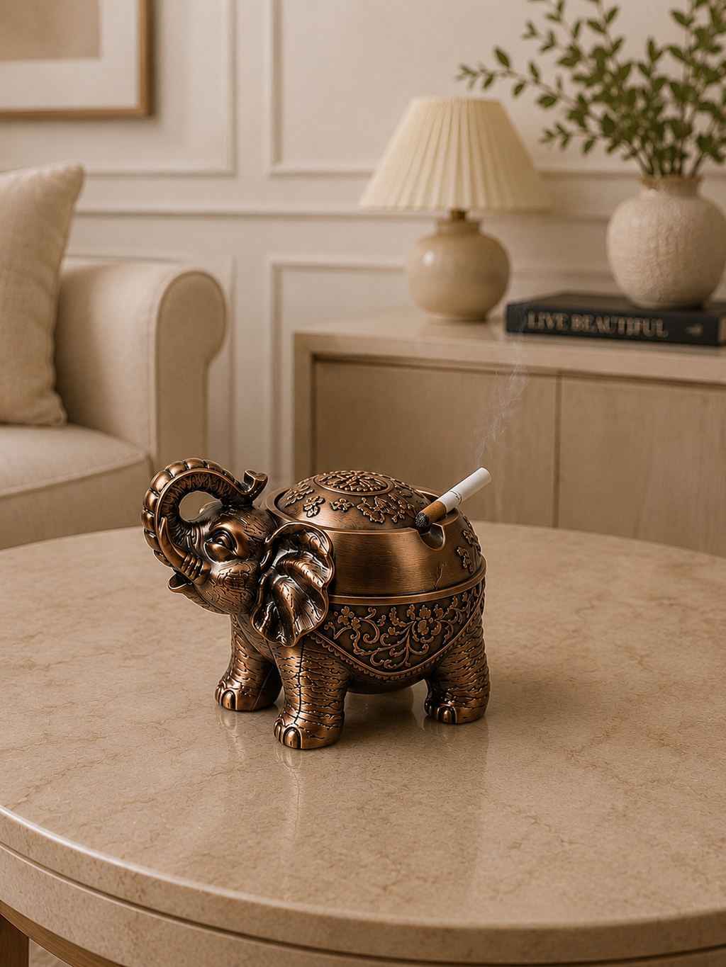 Luxury Elephant Metal Ashtray with Lid | Windproof Decorative Cigarette Ashtray | Premium Home & Office Table Décor