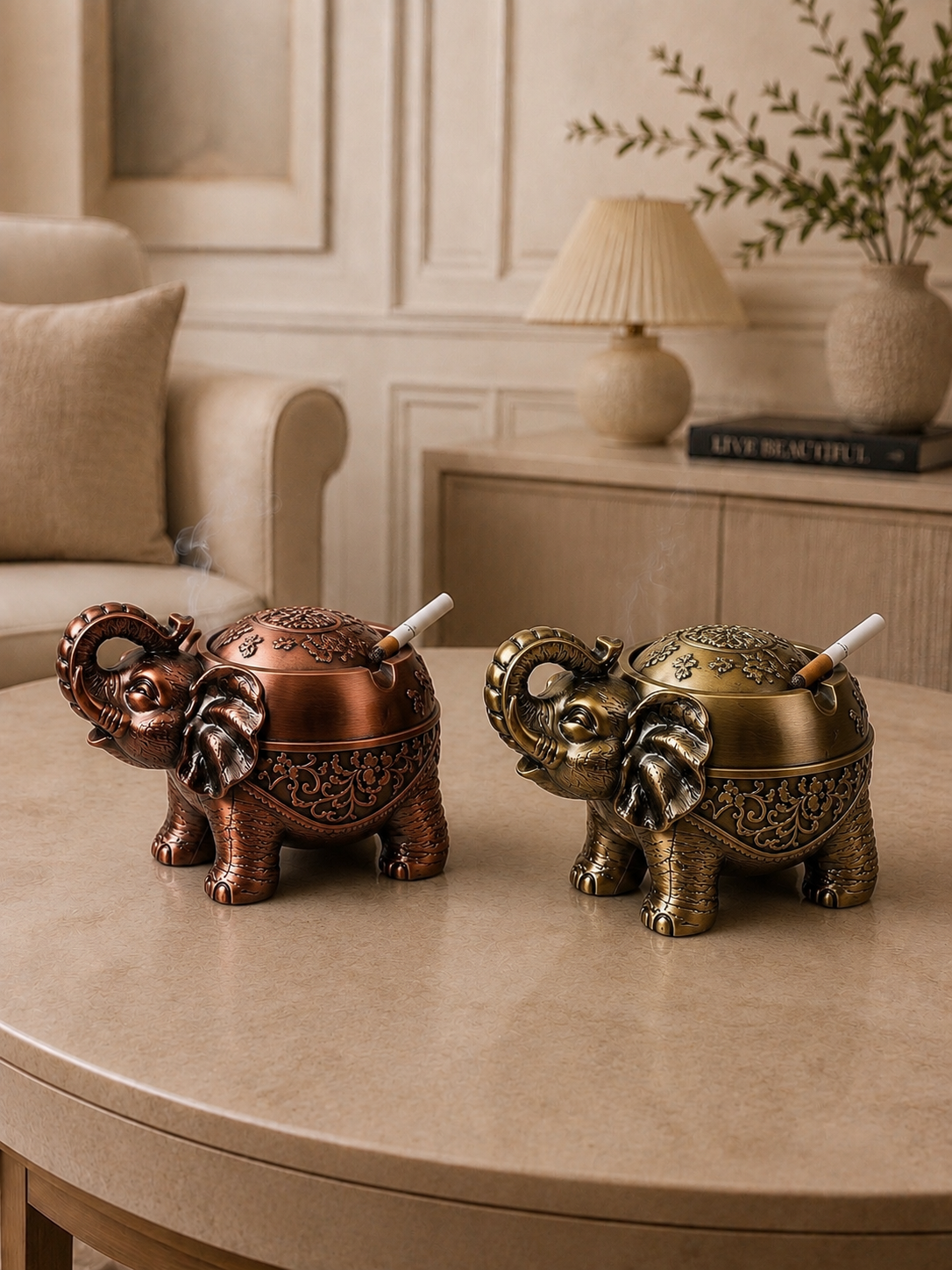 Luxury Elephant Metal Ashtray with Lid | Windproof Decorative Cigarette Ashtray | Premium Home & Office Table Décor