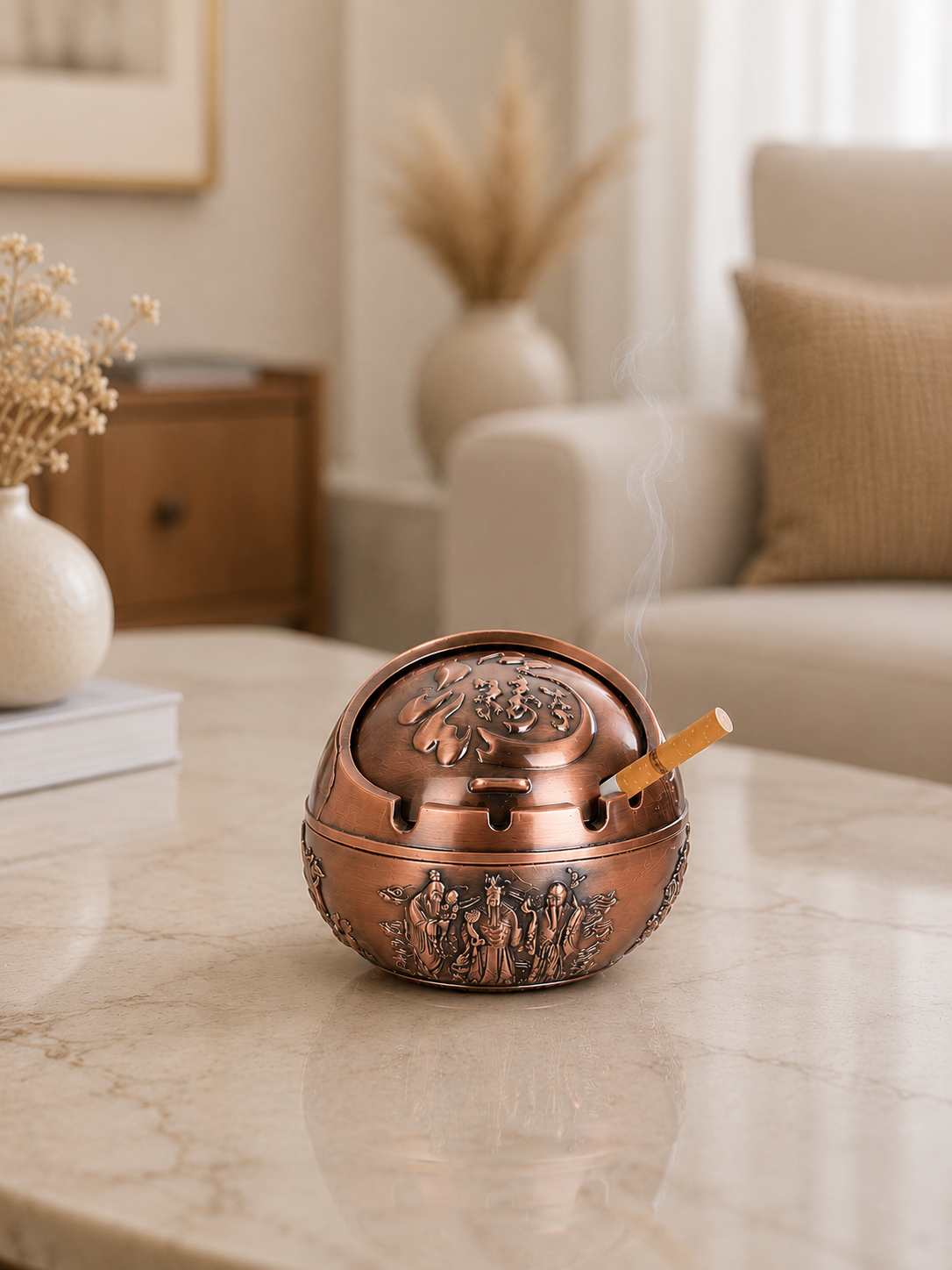 Luxury Vintage Metal Ashtray with Lid | Windproof Decorative Cigarette Ashtray | Premium Home & Office Table Décor