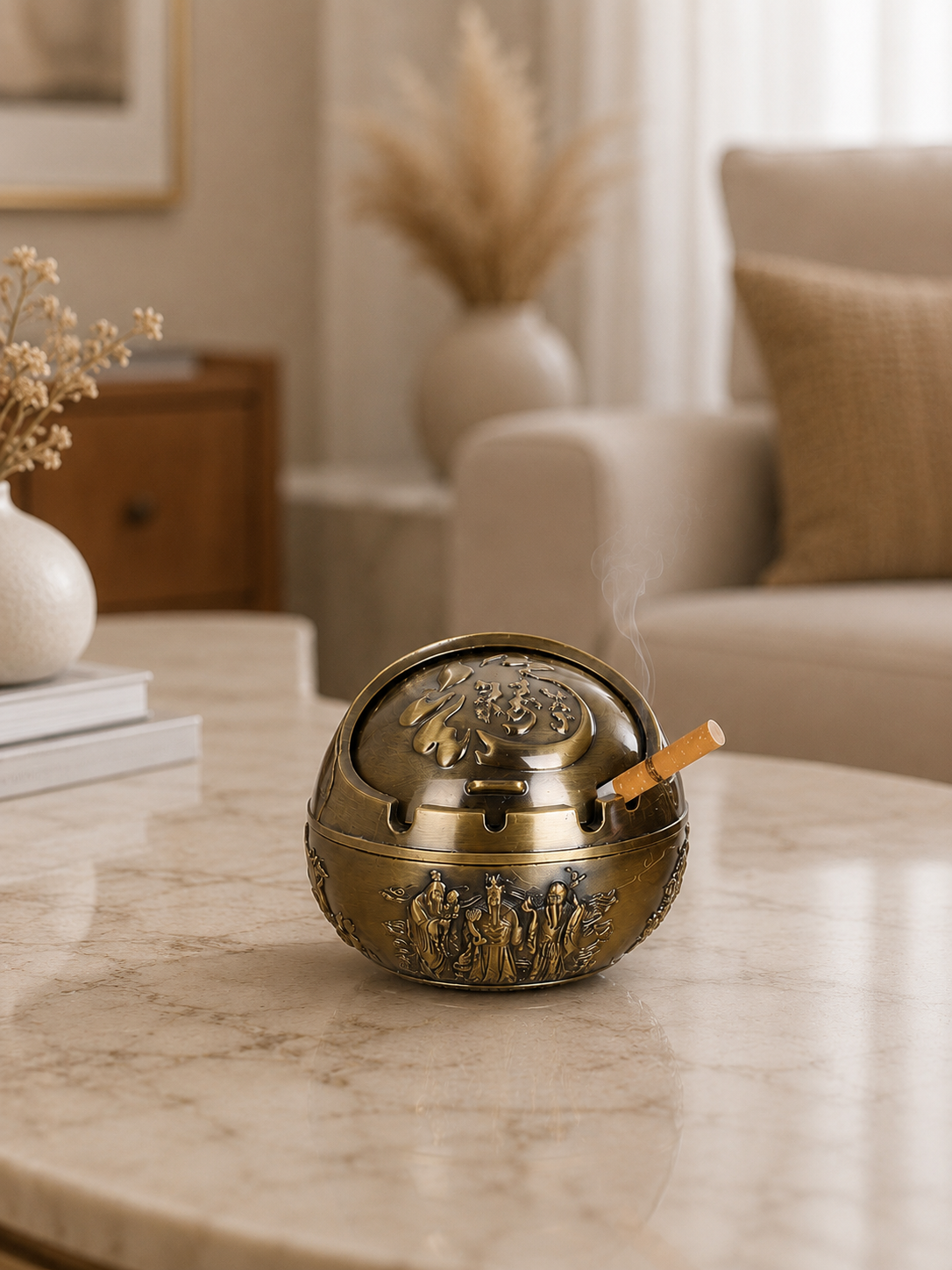 Luxury Vintage Metal Ashtray with Lid | Windproof Decorative Cigarette Ashtray | Premium Home & Office Table Décor