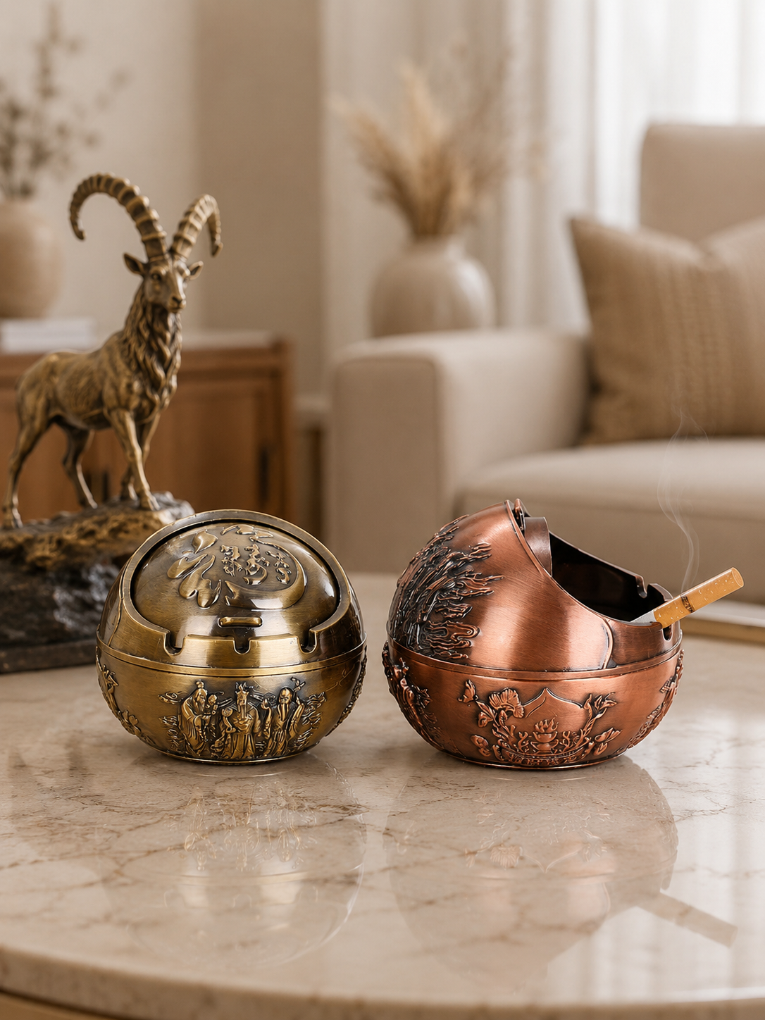 Luxury Vintage Metal Ashtray with Lid | Windproof Decorative Cigarette Ashtray | Premium Home & Office Table Décor