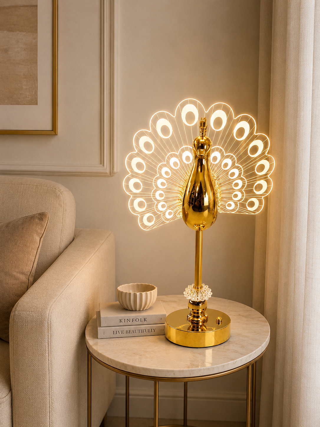 Luxury Golden LED Peacock Table Lamp | Modern Decorative Night Lamp with Acrylic Light Wings