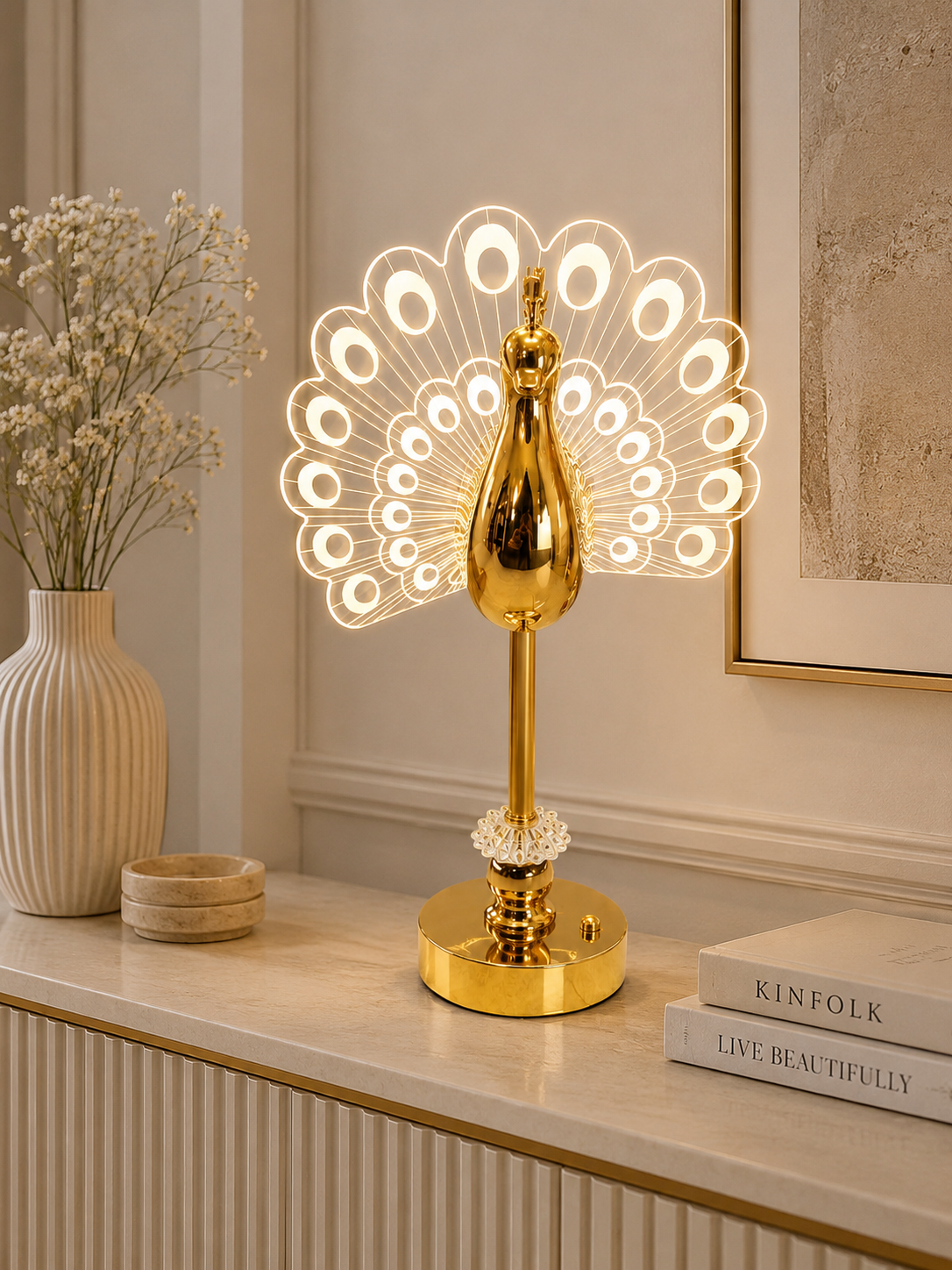 Luxury Golden LED Peacock Table Lamp | Modern Decorative Night Lamp with Acrylic Light Wings