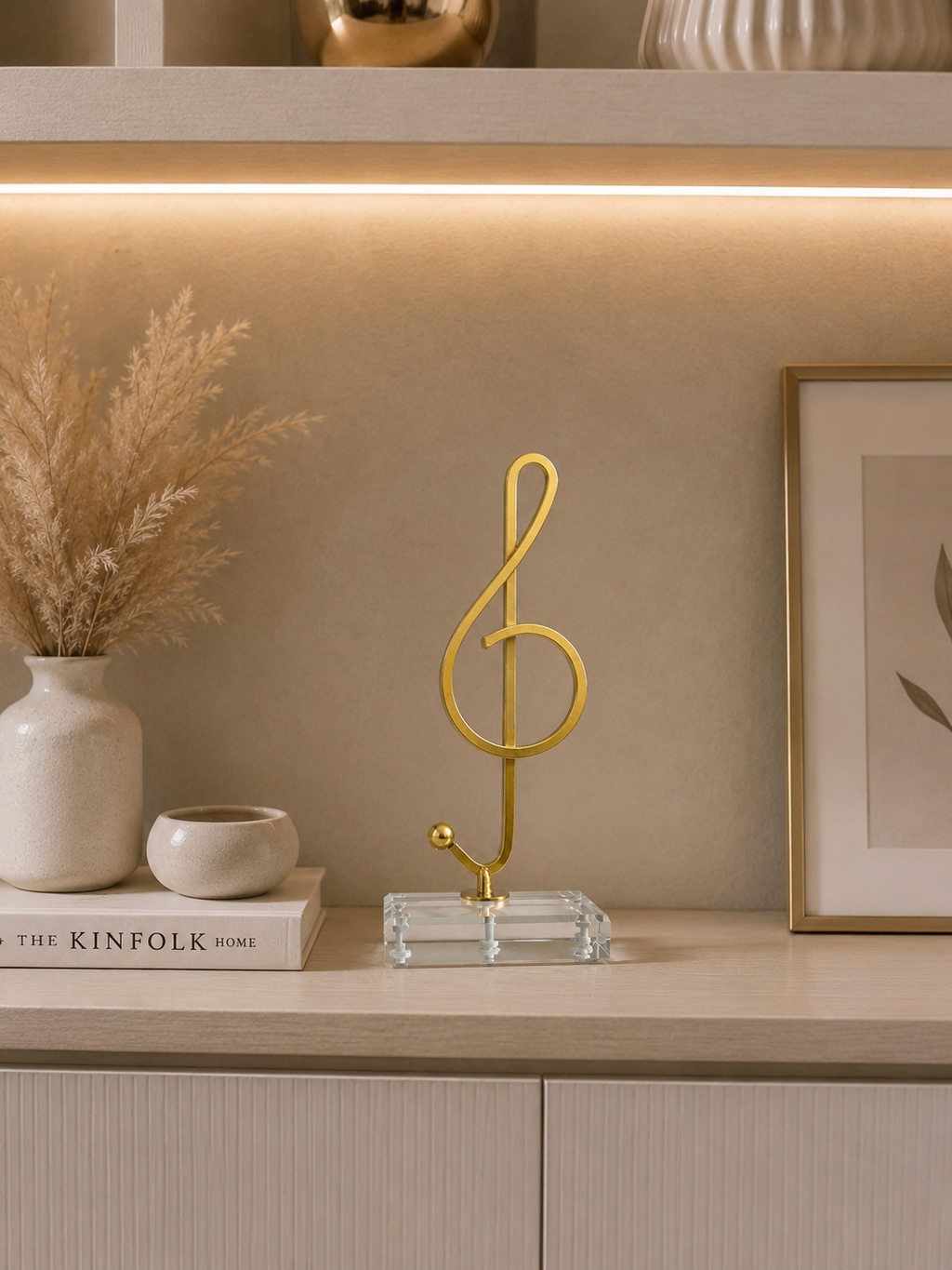 Modern Golden Treble Clef Sculpture | Metal Music Note Table Décor with Crystal Base