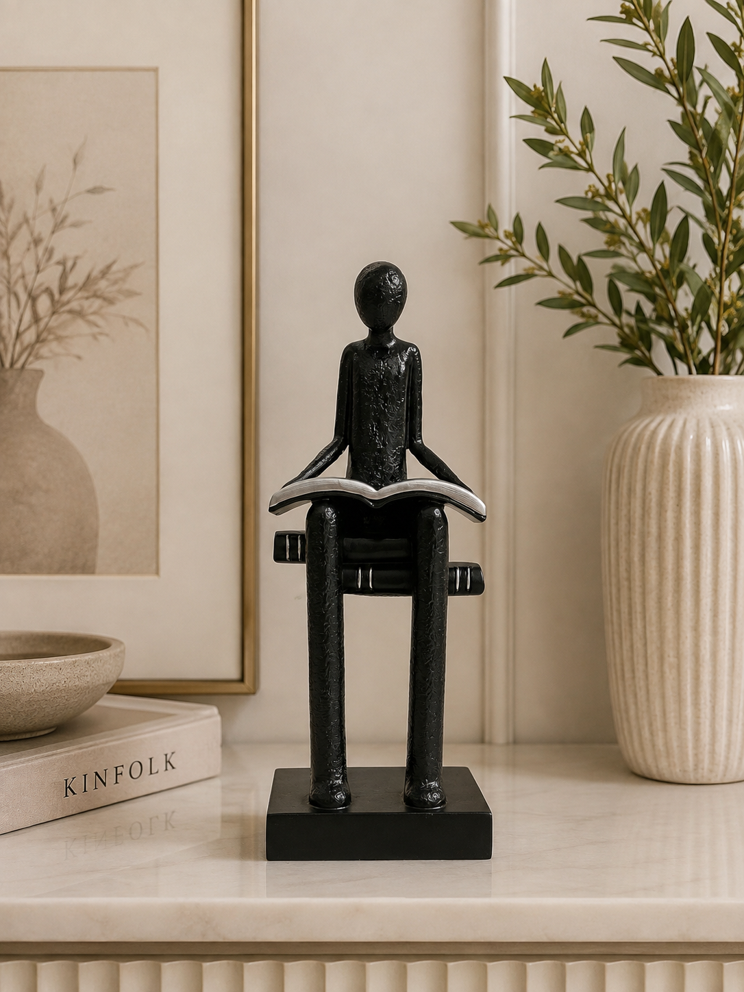 Modern Sitting Reader Sculpture | White Resin Book Lover Figurine | Minimalist Home Decor