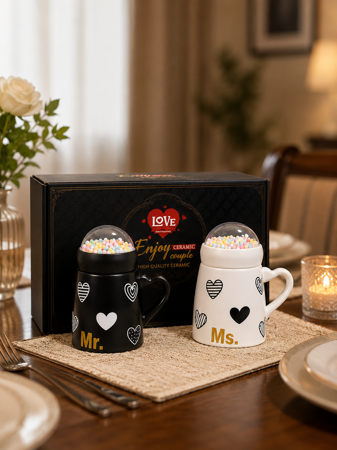 Premium Mr. & Ms. Ceramic Couple Mug Set – Elegant Heart Design Coffee Cups with Box
