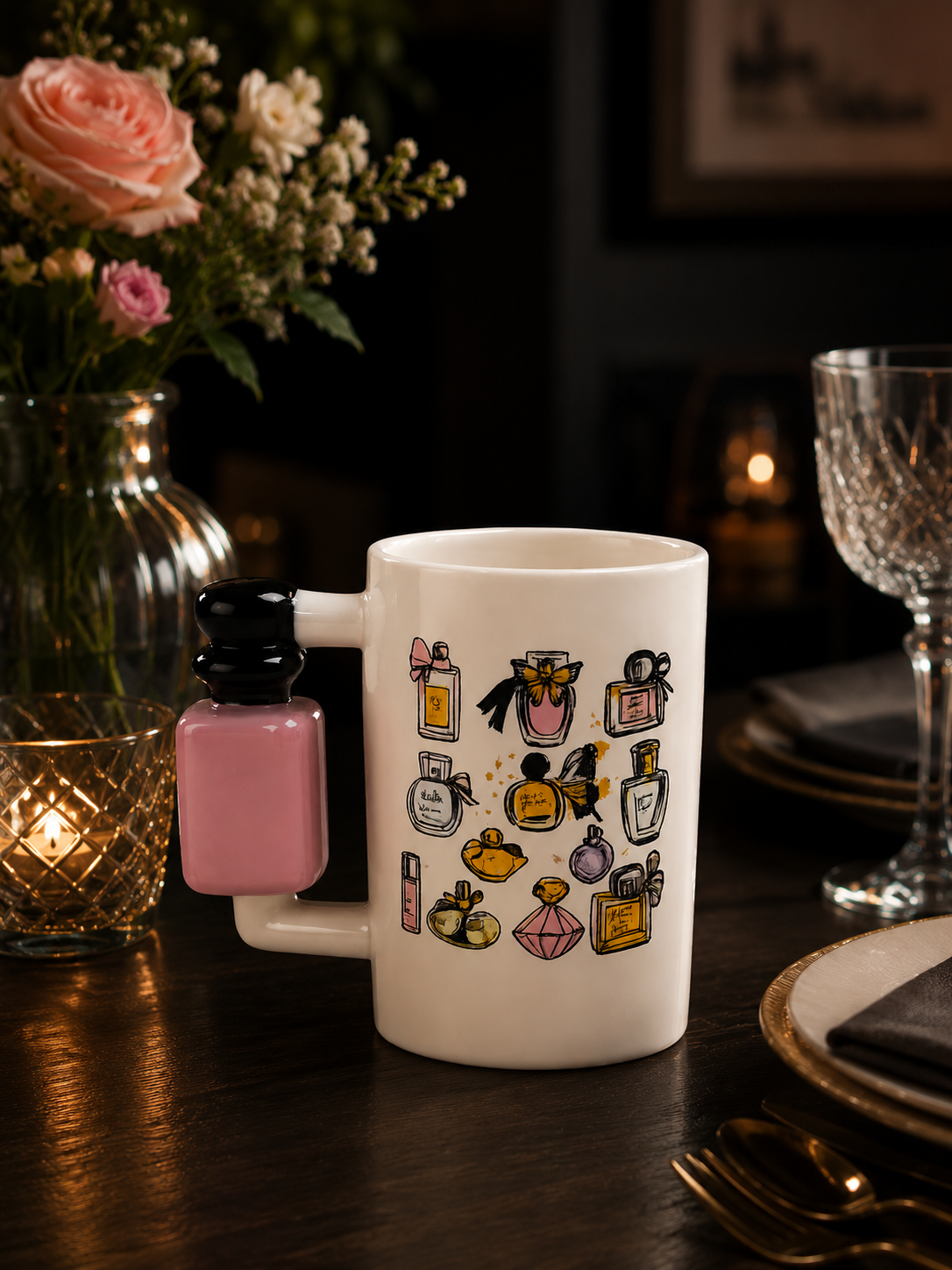 Creative Novelty Perfume Bottle Handle Ceramic Mug – Elegant White Coffee Cup