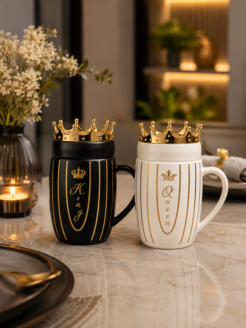 Luxury Diamond-Cut Textured King & Queen Ceramic Mugs Set – Elegant Couple Tea Cups