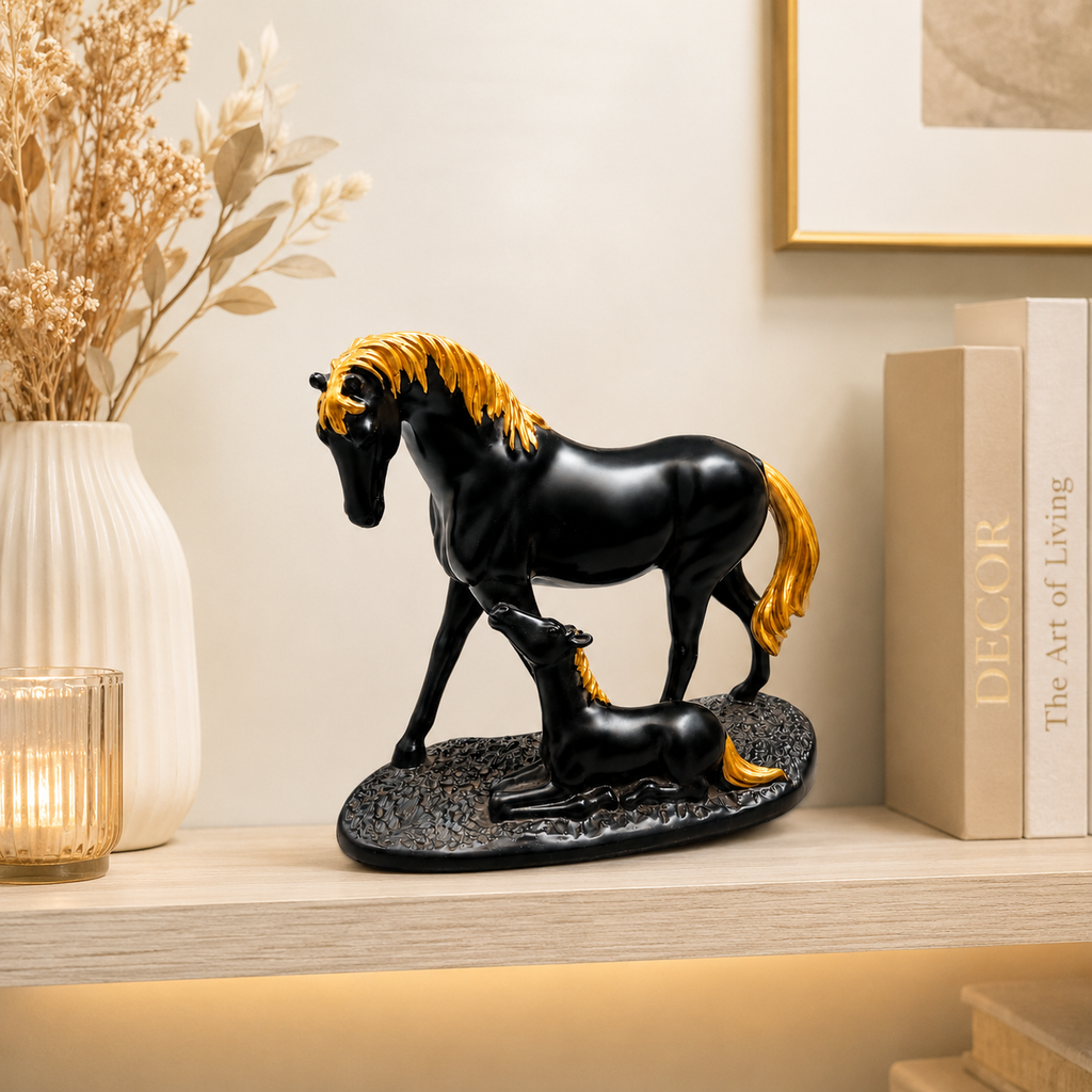 Fiber Horse Luxury Matte Black & Gold Mare With Foal Statue – Premium Resin Mother & Baby Horse Sculpture For Home & Office Decor