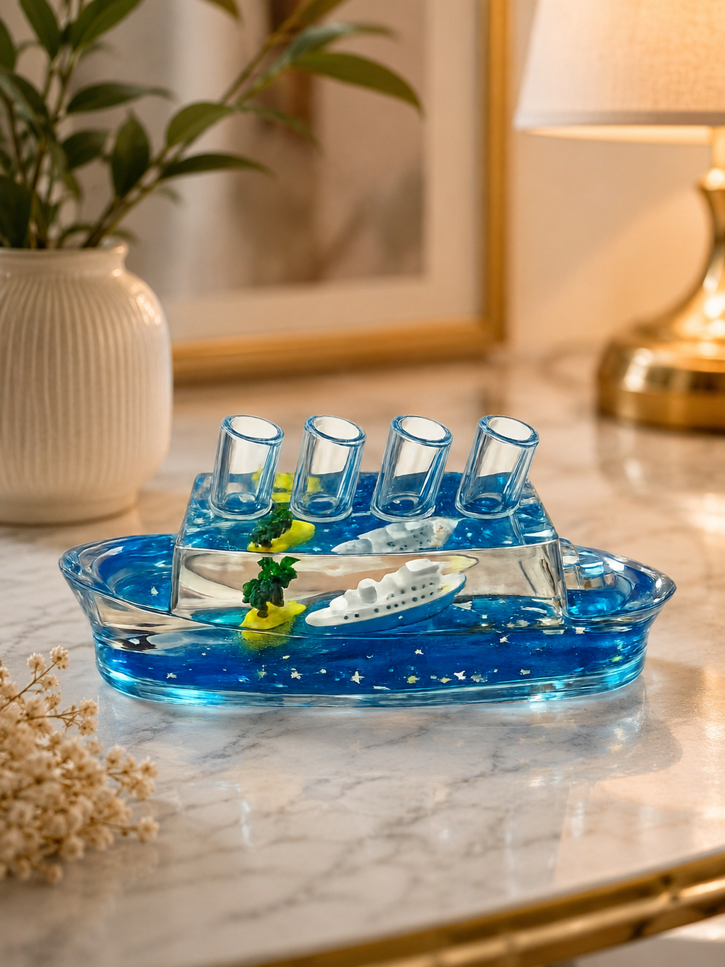 Cruise Ship Liquid Wave Pen Holder and Paperweight