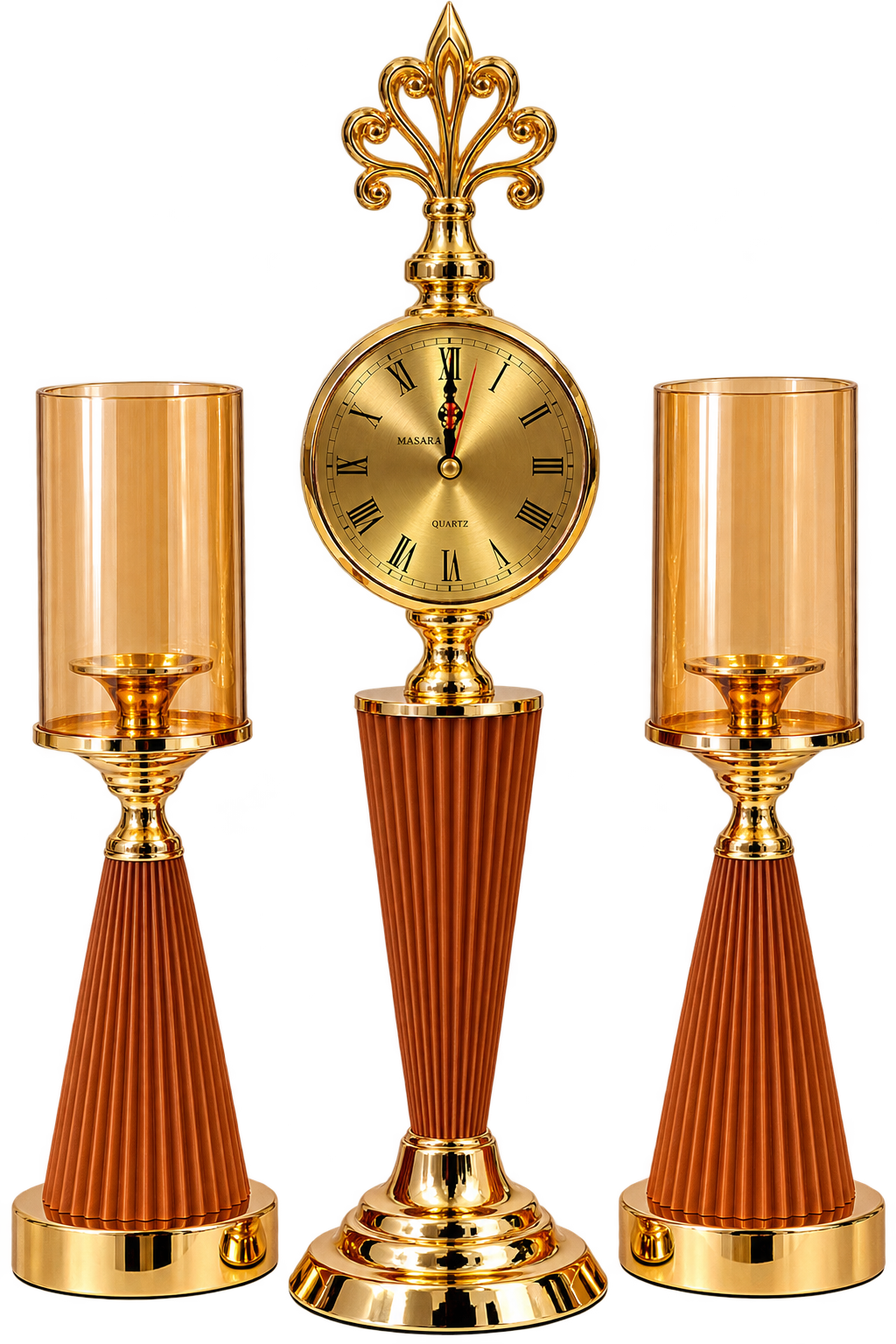 Brown & Gold — 3-Piece Luxury Clock & Candle Holder Set
