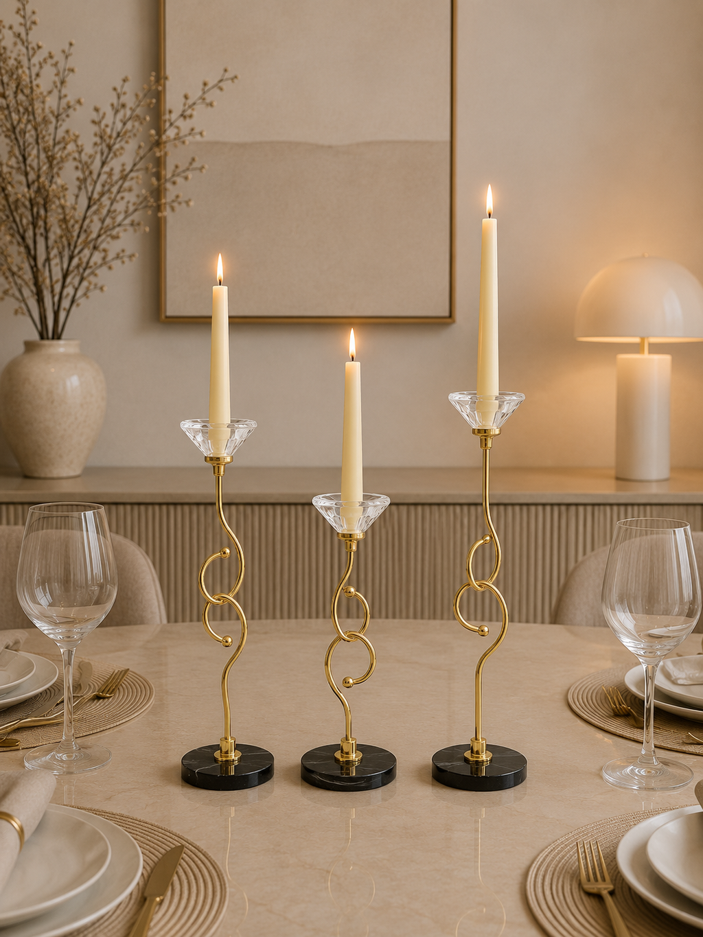 Luxury Gold & Crystal Taper Candle Holder Set with Black Marble Base (Set of 3)