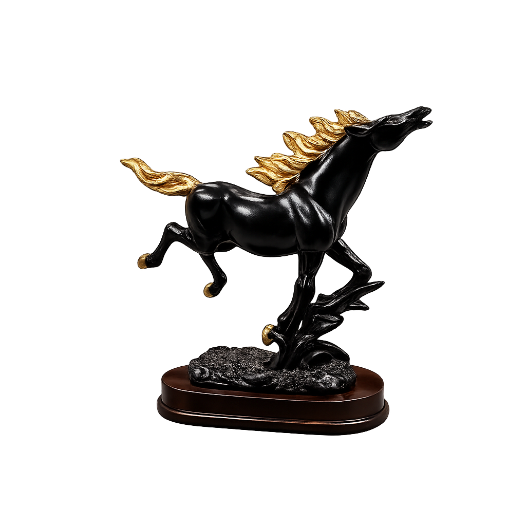 Fiber Horse "Galloping Majesty" Running Horse Sculpture – Premium Black & Gold Resin Dynamic Statue With Classic Wooden Textured Base