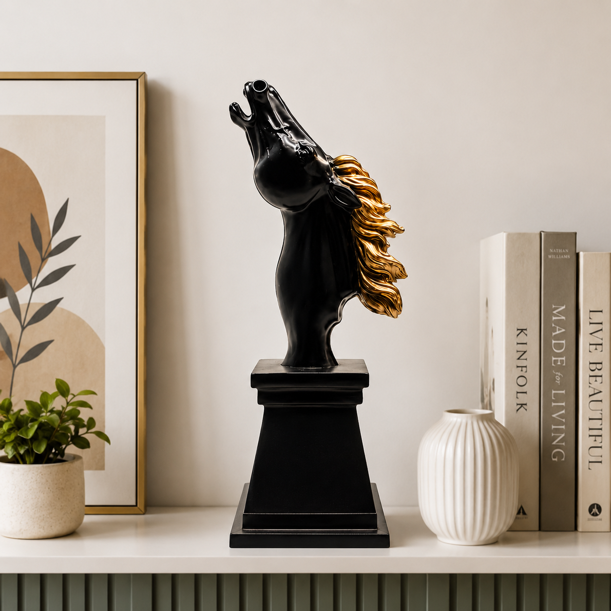 Fiber Horse "Triumphant Echo" Neighing Horse Bust Statue – Executive Black & Gold Resin Head Sculpture With Luxury Pedestal Pillar Base