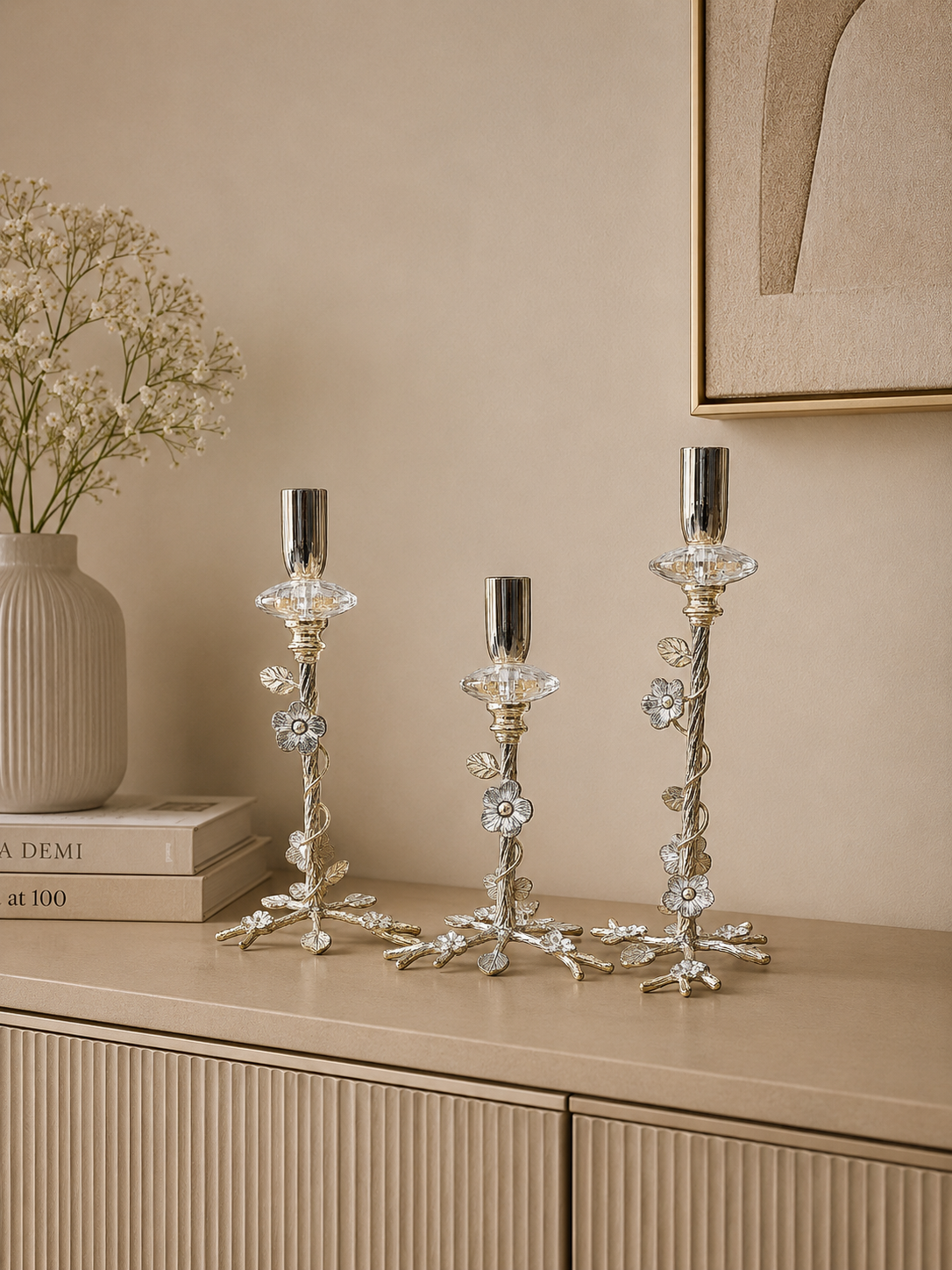 3-Piece Floral Metal Taper Candle Holder Set – Decorative Gold & Silver Finish Candlestick Holders for Table Centerpieces