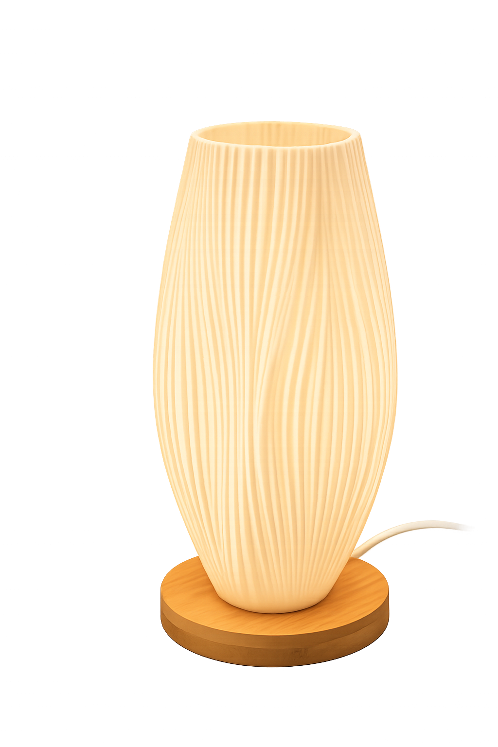 Minimalist Wavy Fiber+Wood Base Table Lamp – Modern Translucent LED Night Light