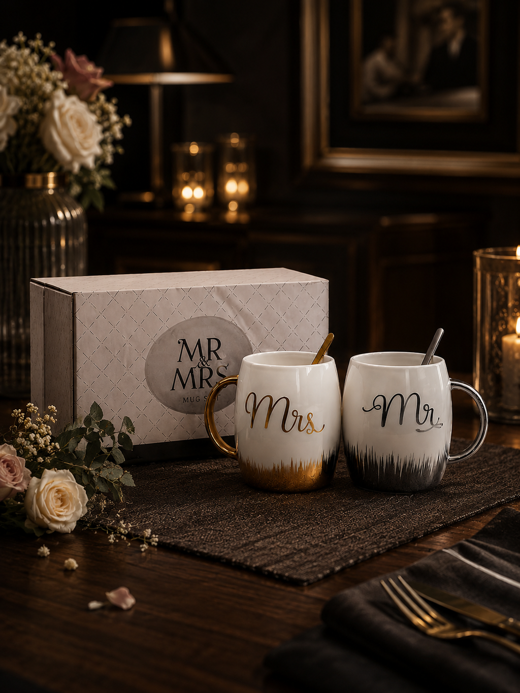 Luxury Mr. & Mrs. Ceramic Couple Mug Gift Set – Gold & Silver Accent Coffee Cups with Box
