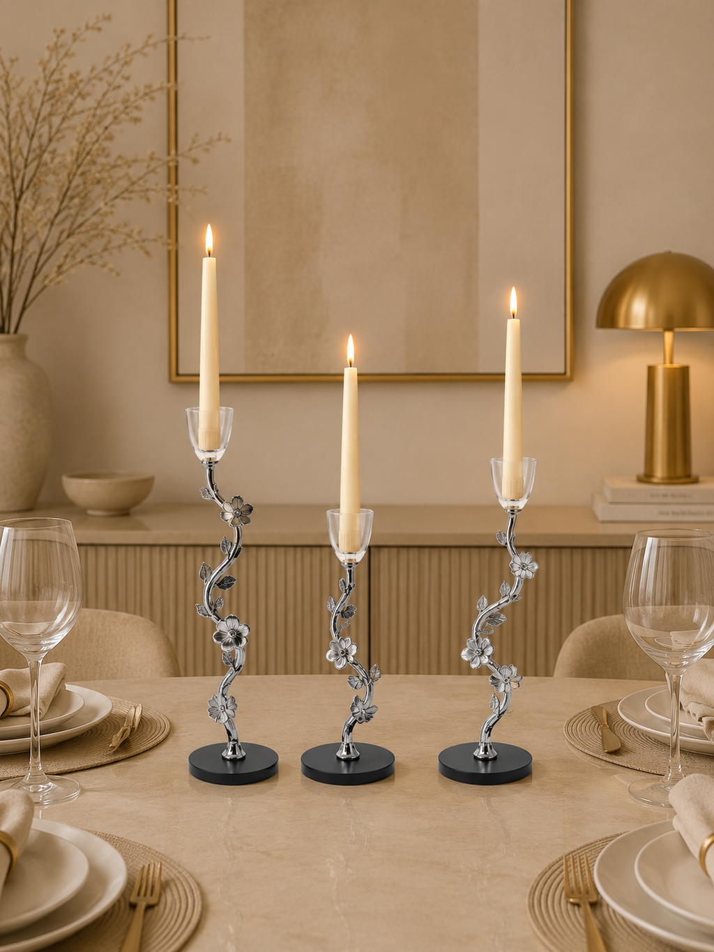 Luxury Silver Floral Crystal Taper Candle Holder Set with Black Marble Base (Set of 3)