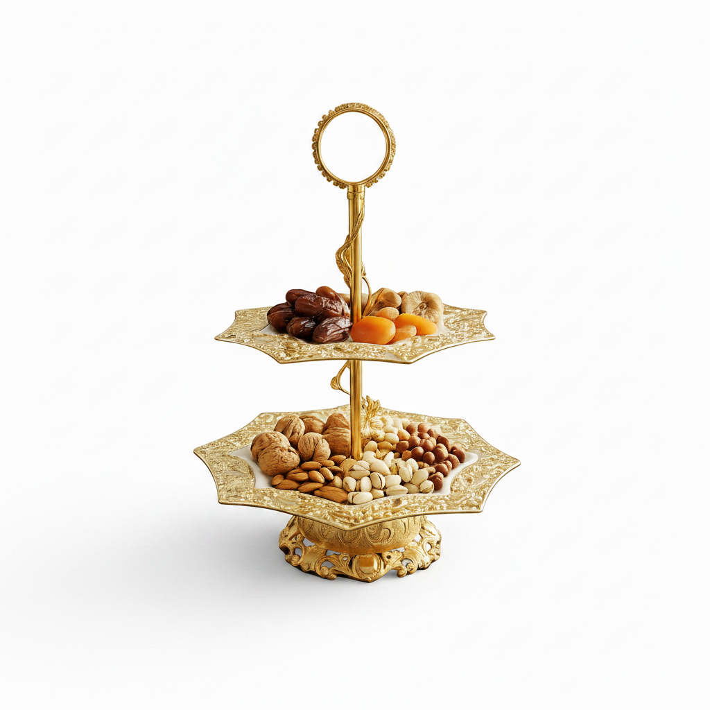 Gilded Tiered Dry Fruit Server – The Royal Gold Collection Premium Ceramic & Metal Luxury Serving Tray For Luxurious Dining & Elite Gifting