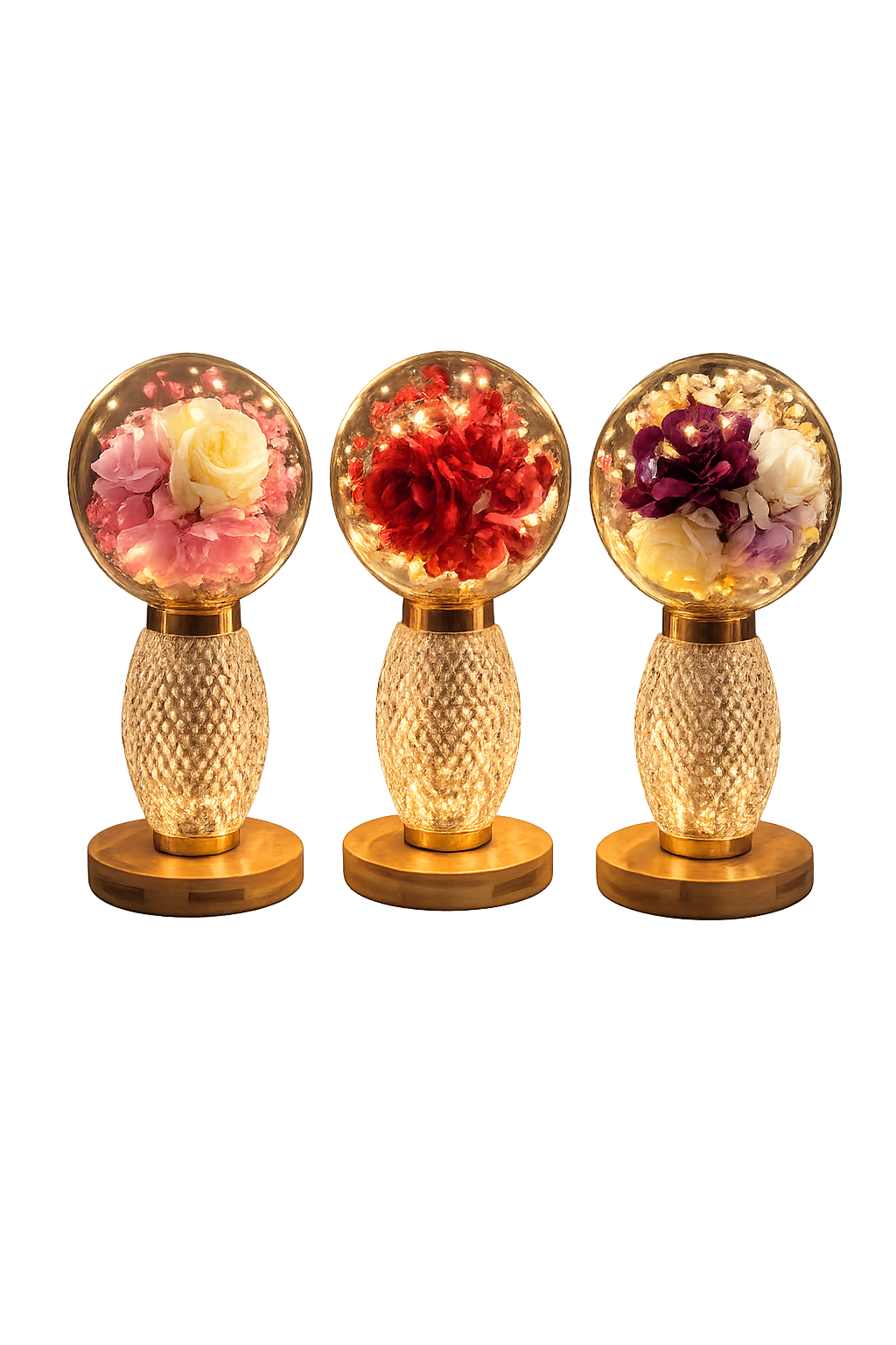 Enchanted Blossom Acrylic Globe Lamp – Luxury Wooden Base LED Night Light