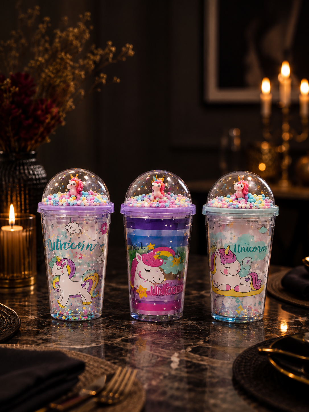 Cute Unicorn Double-Walled Sipper Glass with Dome Lid & Floating Colorful Beads