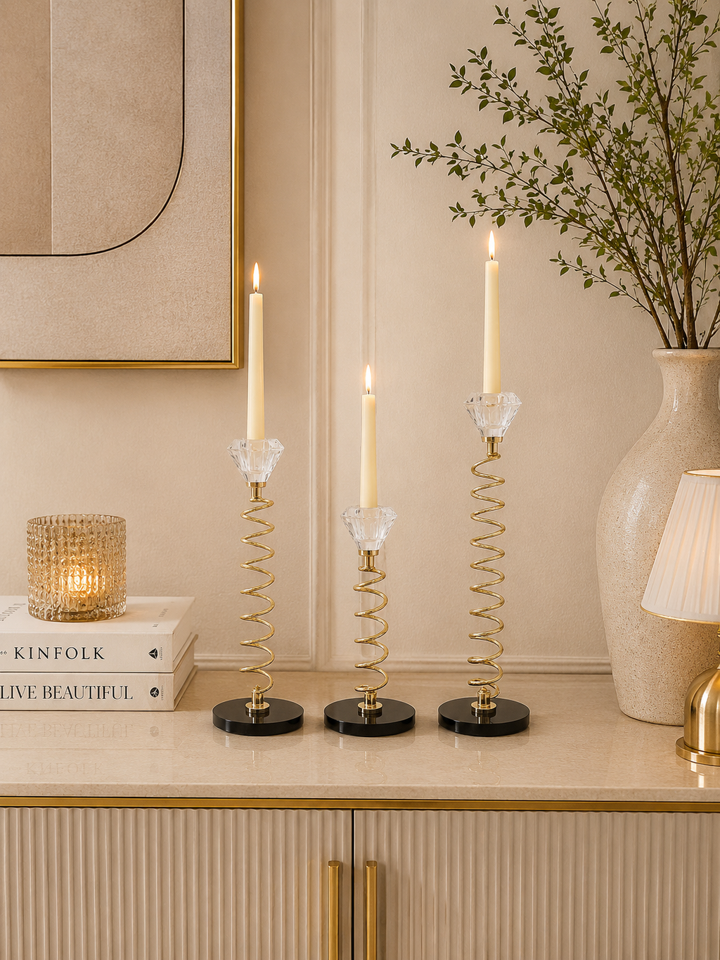 Luxury Spiral Crystal Candle Holder Set (3 Pieces) | Gold Decorative Taper Candle Stands