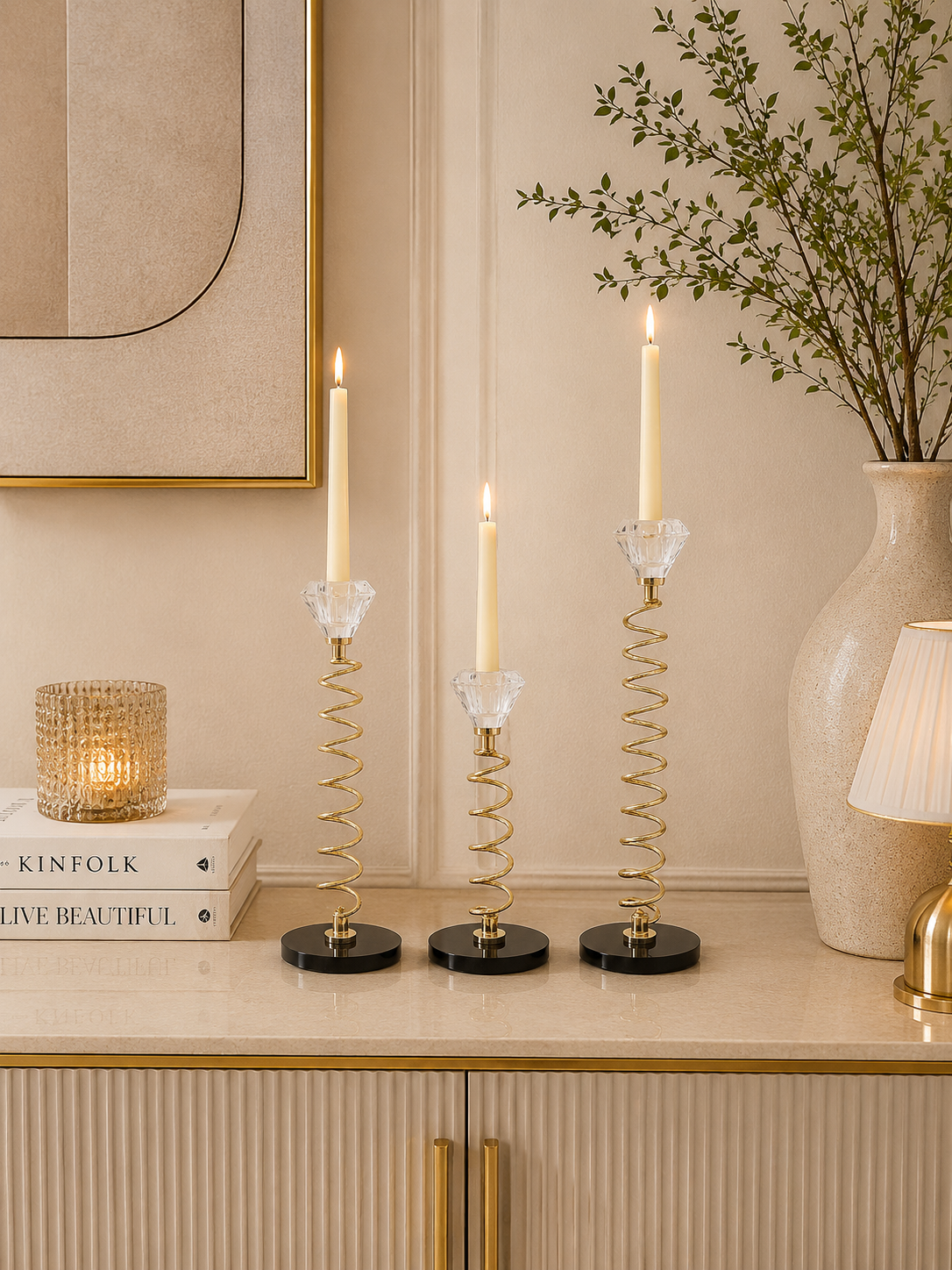 Luxury Spiral Crystal Candle Holder Set (3 Pieces) | Gold Decorative Taper Candle Stands