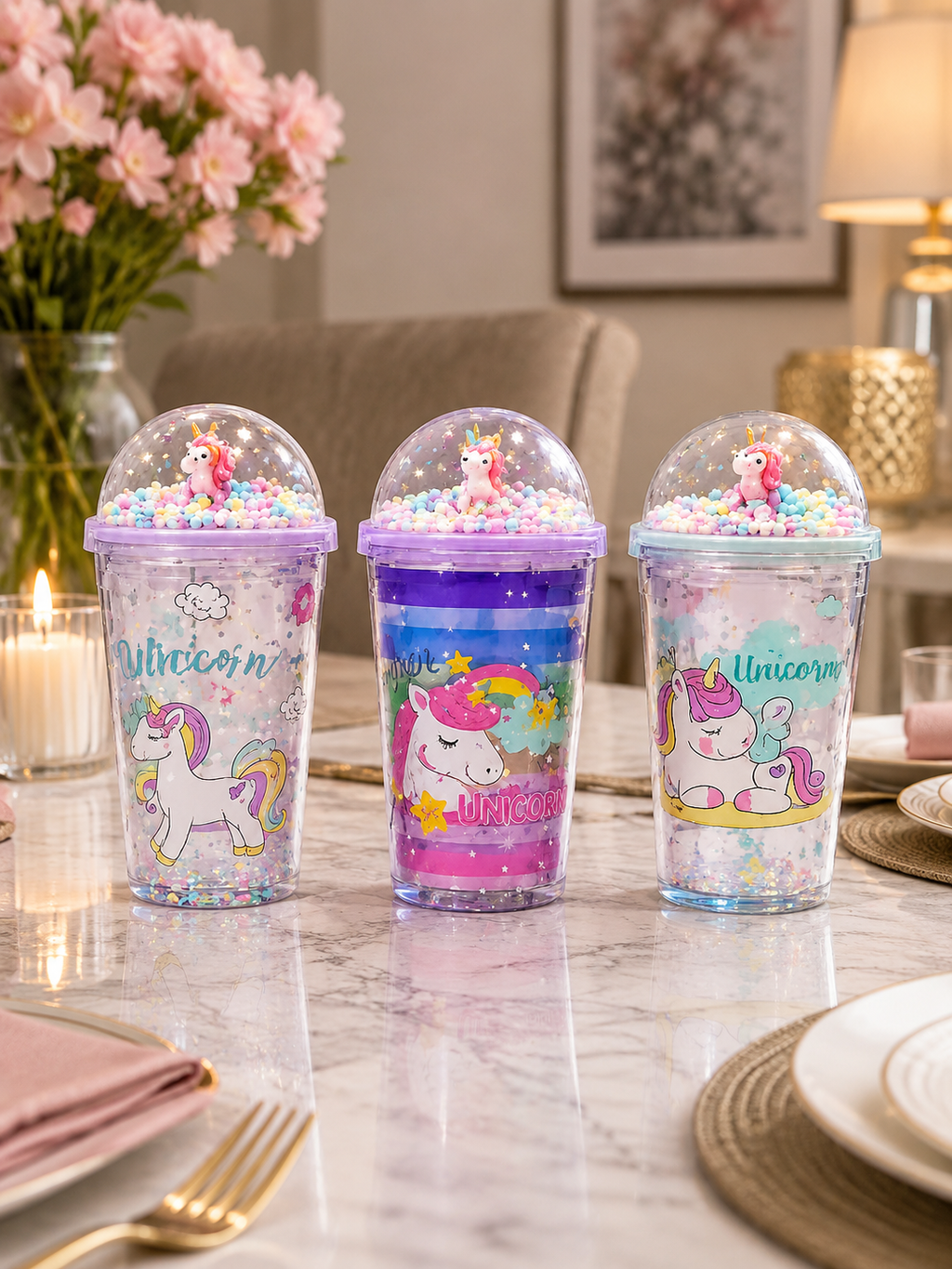 Cute Unicorn Double-Walled Sipper Glass with Dome Lid & Floating Colorful Beads