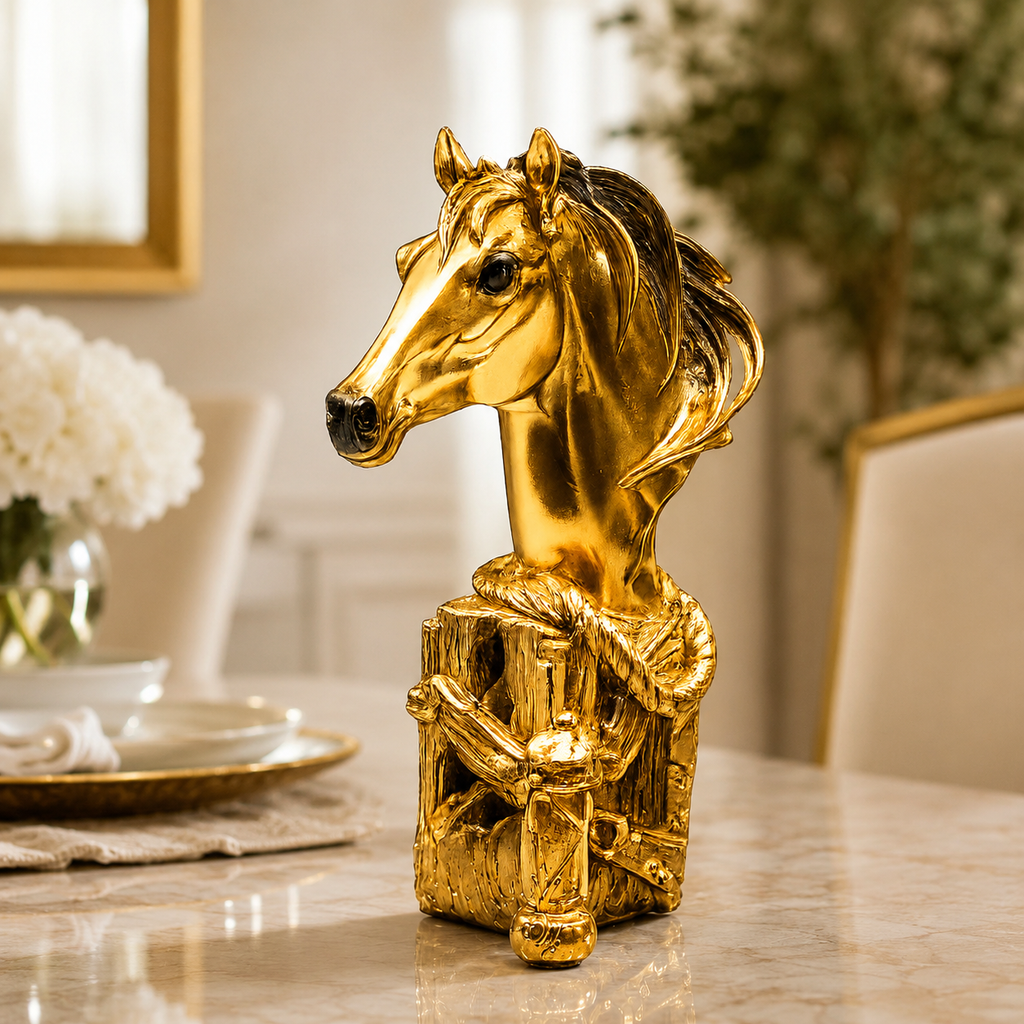 Fiber Horse "Golden Horse Face" Premium Desk Decor Accent – 5.5-Inch Luxury Metallic Gold Resin Bust Sculpture For High-End Office & Home Styling