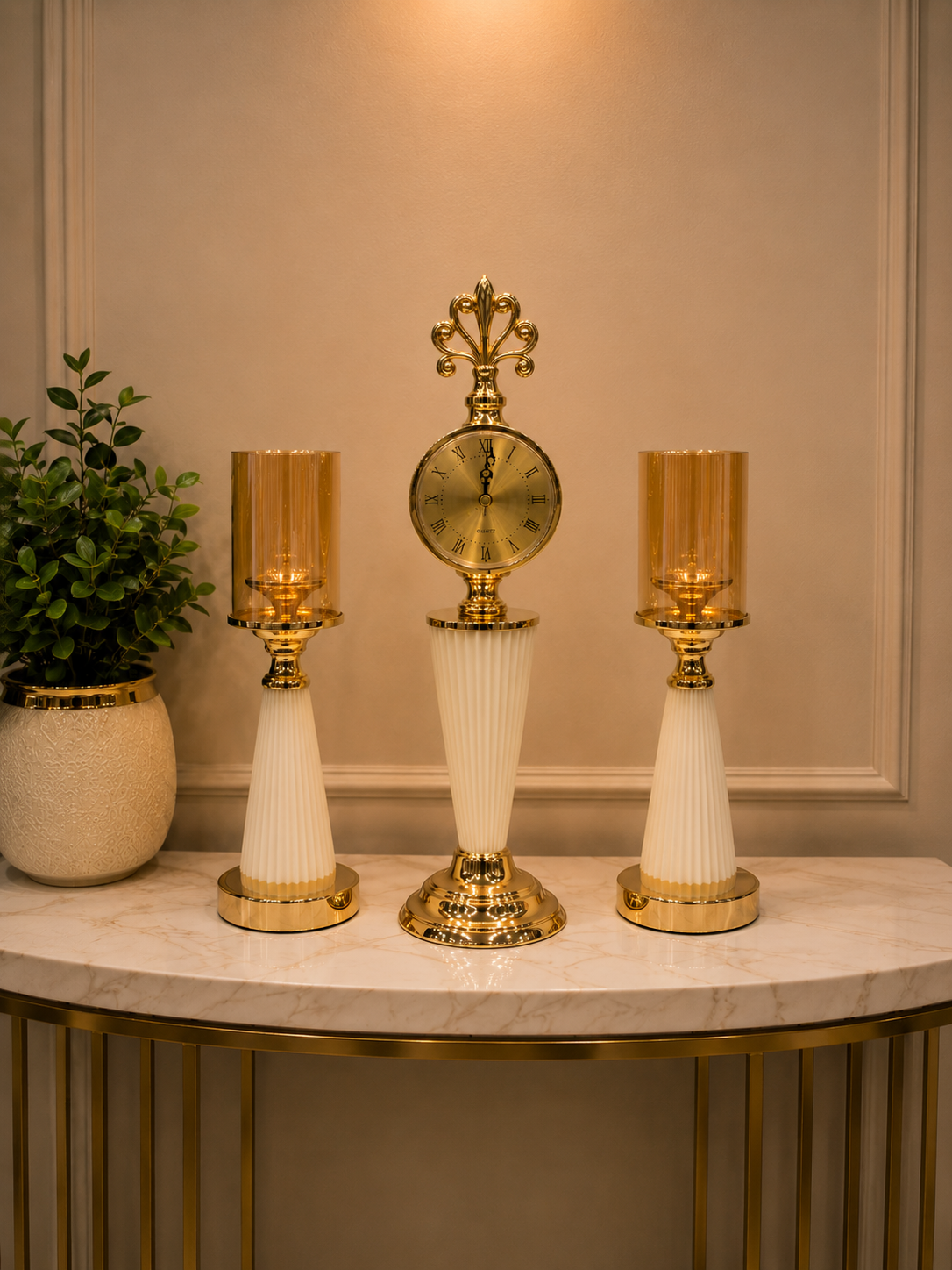 White & Gold — 3-Piece Luxury Clock & Candle Holder Set