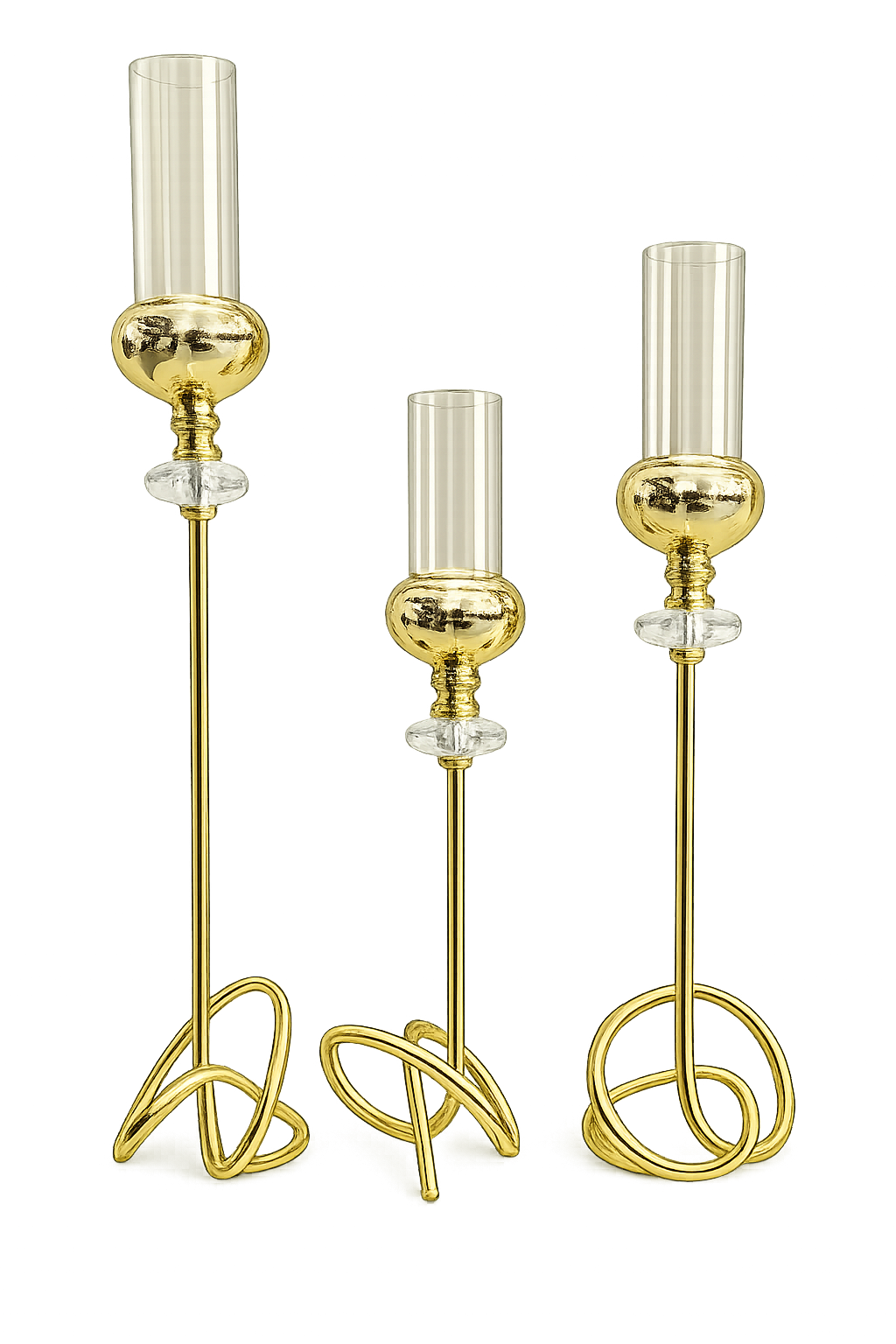 Modern Gold Metal Candle Holder Set with Glass Hurricane Sleeves (Set of 3)