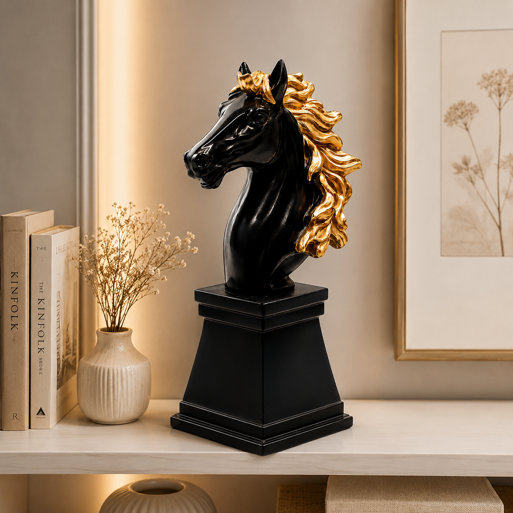 Fiber Horse Royal Walking Horse Statue – 5-Inch Premium Black & Gold Resin Art Piece For Elegant Home Decor, Office Desk & Luxury Gifting