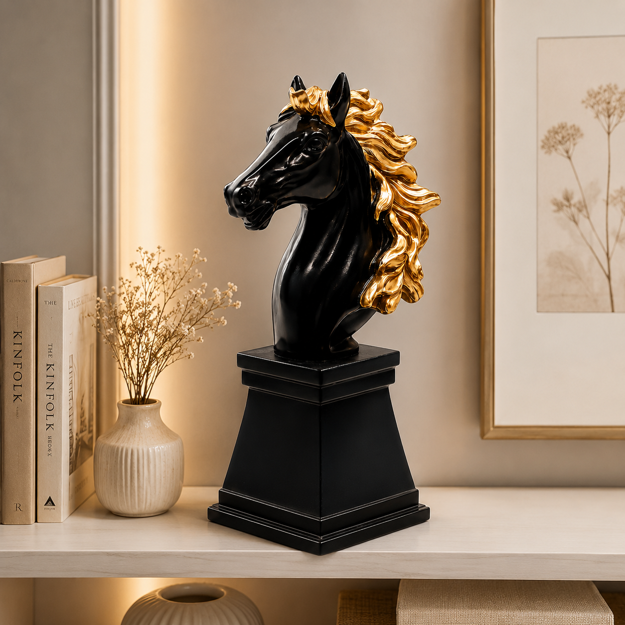 Fiber Horse Royal Walking Horse Statue – 5-Inch Premium Black & Gold Resin Art Piece For Elegant Home Decor, Office Desk & Luxury Gifting